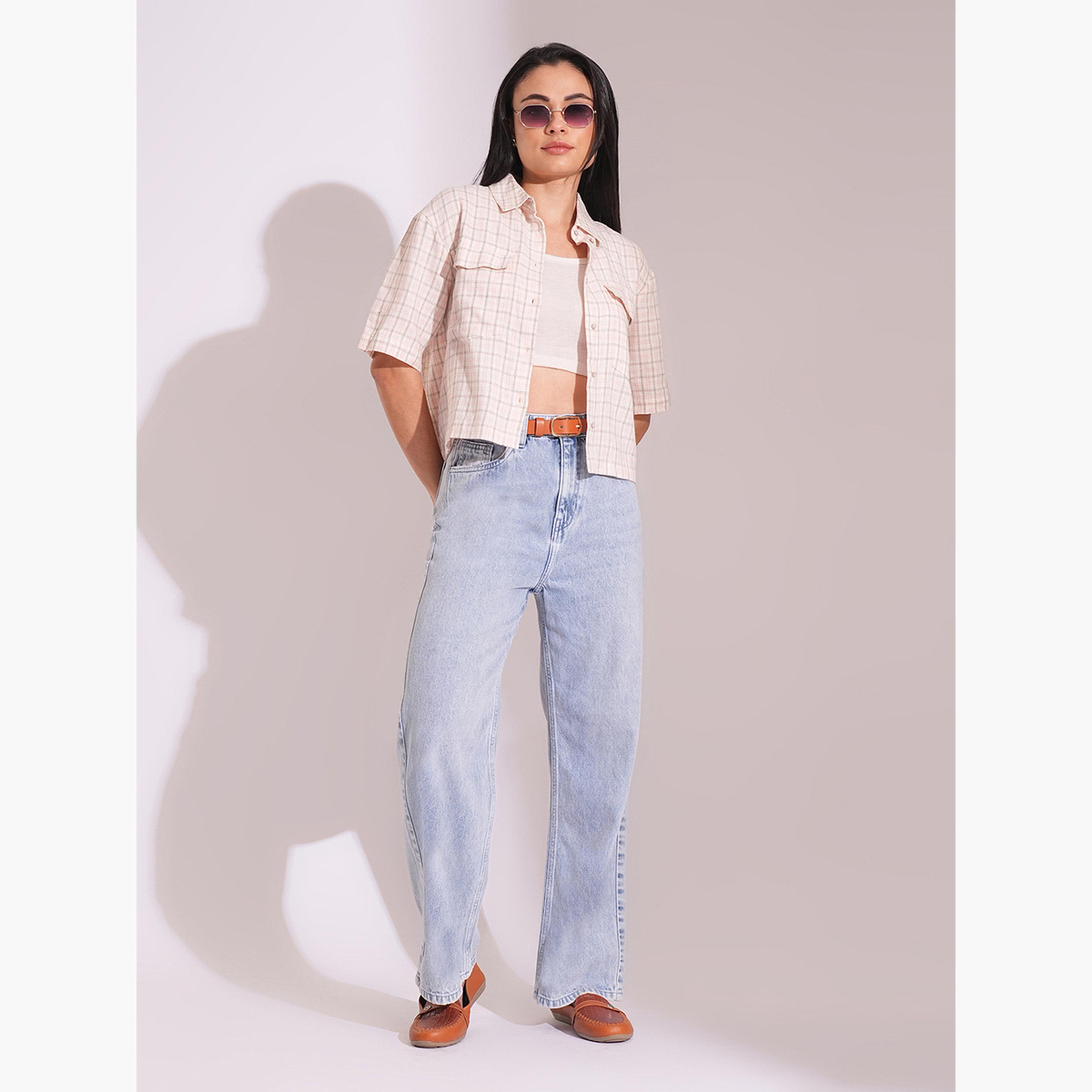 غلوبوس × ستايلي - بنطال جينز مستقيم الساق خصر متوسط الارتفاع لون فاتح للنساء-women-clothing-bottoms-jeans-image-2