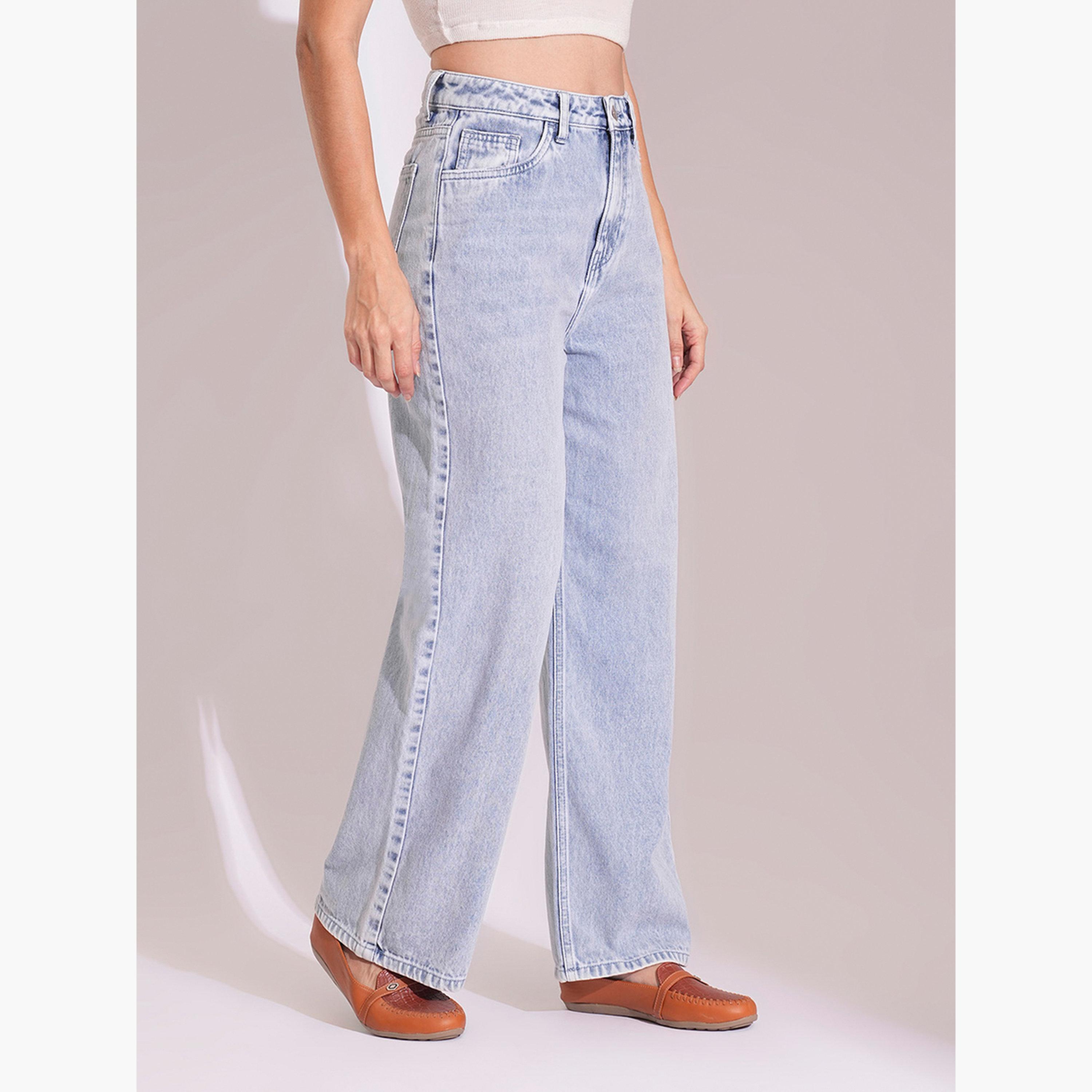 غلوبوس × ستايلي - بنطال جينز مستقيم الساق خصر متوسط الارتفاع لون فاتح للنساء-women-clothing-bottoms-jeans-image-3