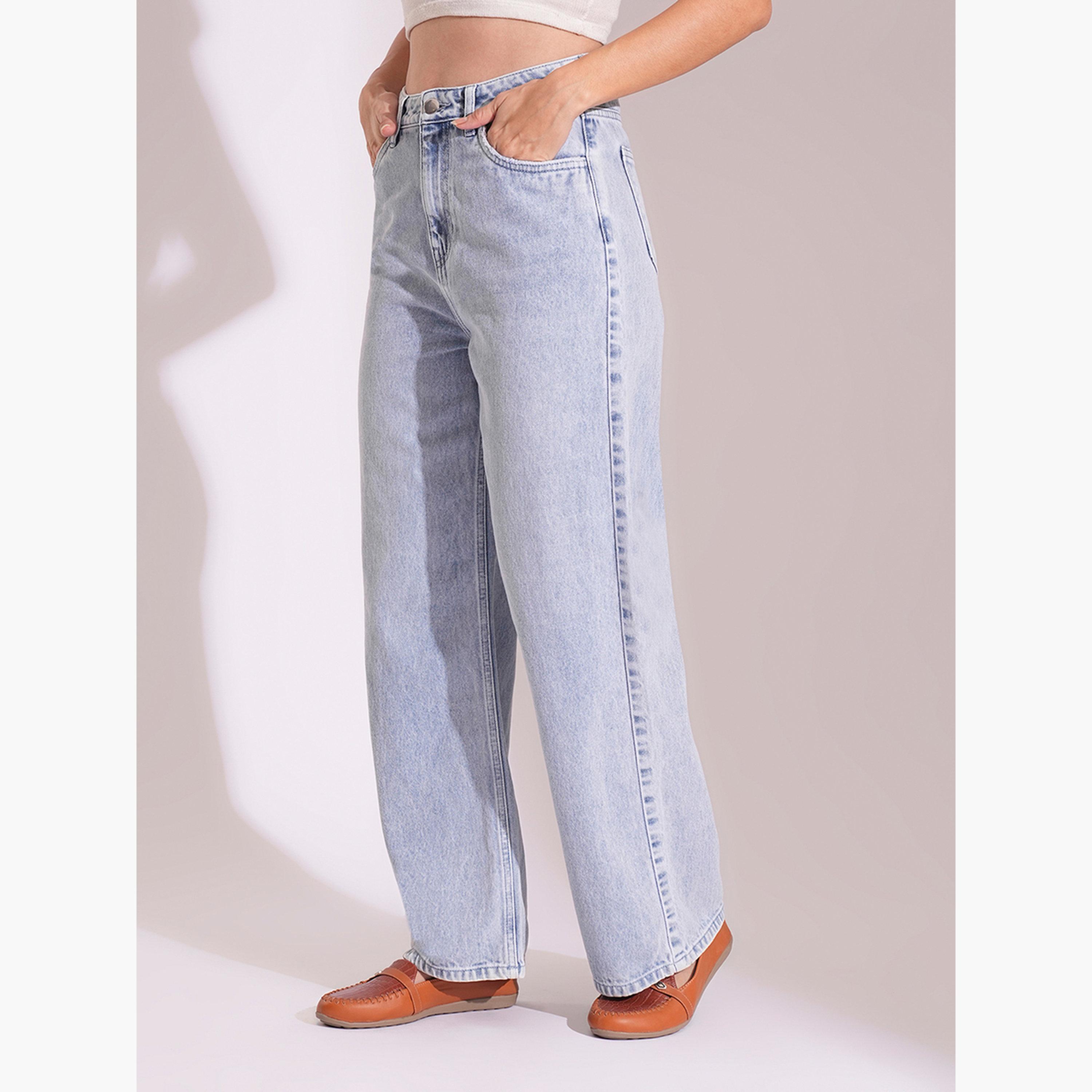 غلوبوس × ستايلي - بنطال جينز مستقيم الساق خصر متوسط الارتفاع لون فاتح للنساء-women-clothing-bottoms-jeans-image-4