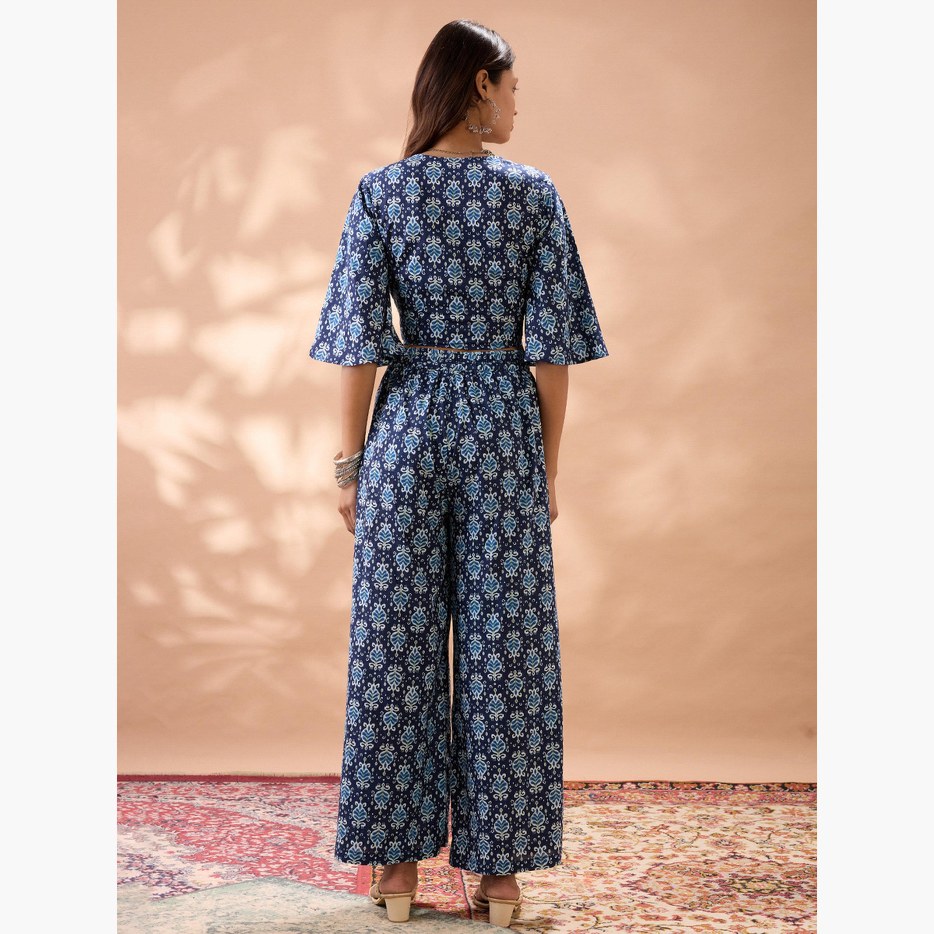 Globus X Styli Ethnic Print Flared Sleeves Crop Top and Trousers Co-Ords-women-clothing-coordsets-image-3