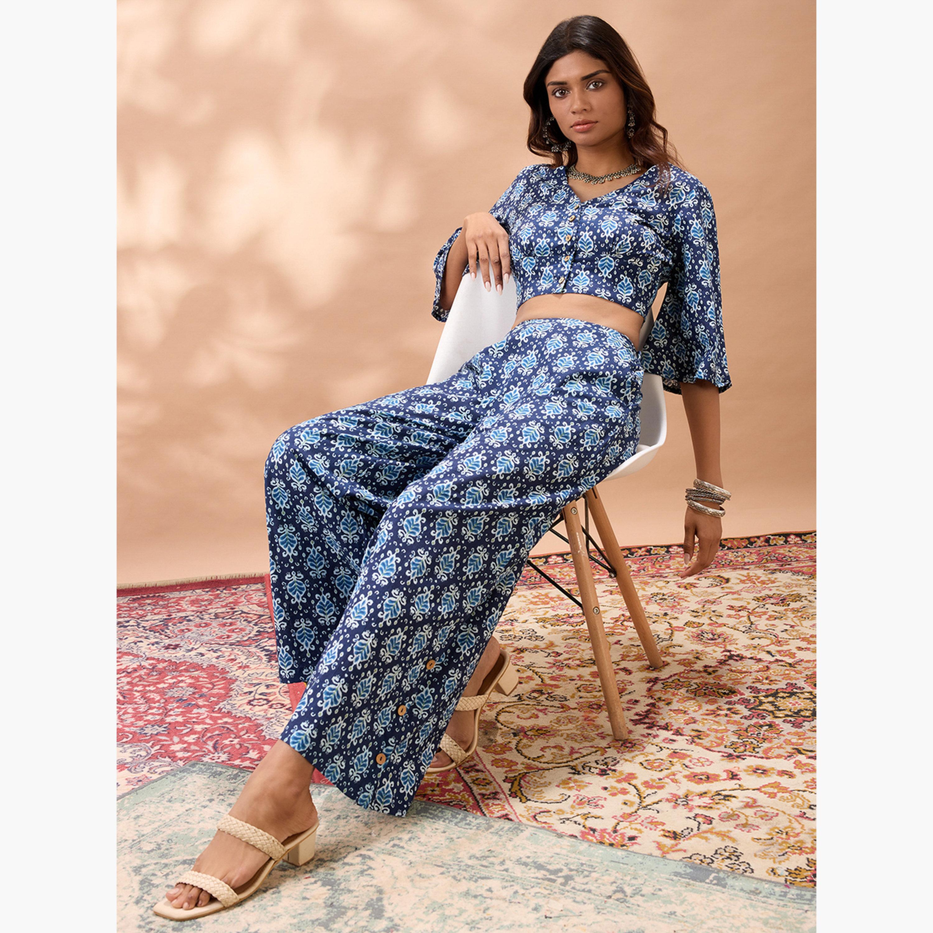 Globus X Styli Ethnic Print Flared Sleeves Crop Top and Trousers Co-Ords-women-clothing-coordsets-image-4