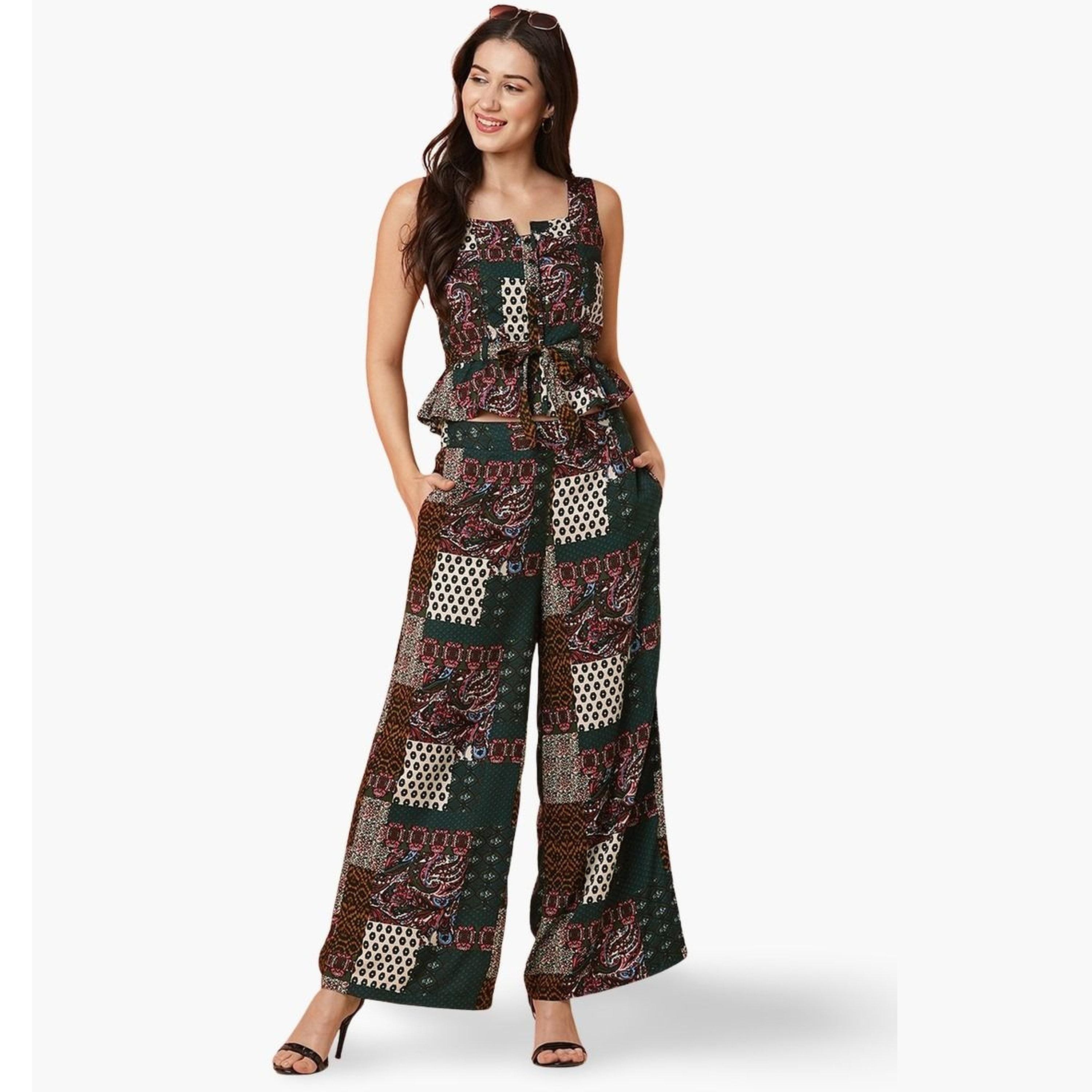 غلوبوص × ستايلي - بلوزة قصيرة ببلوم برباط على الخصر مع بنطال واسع-women-clothing-coordsets-image-1