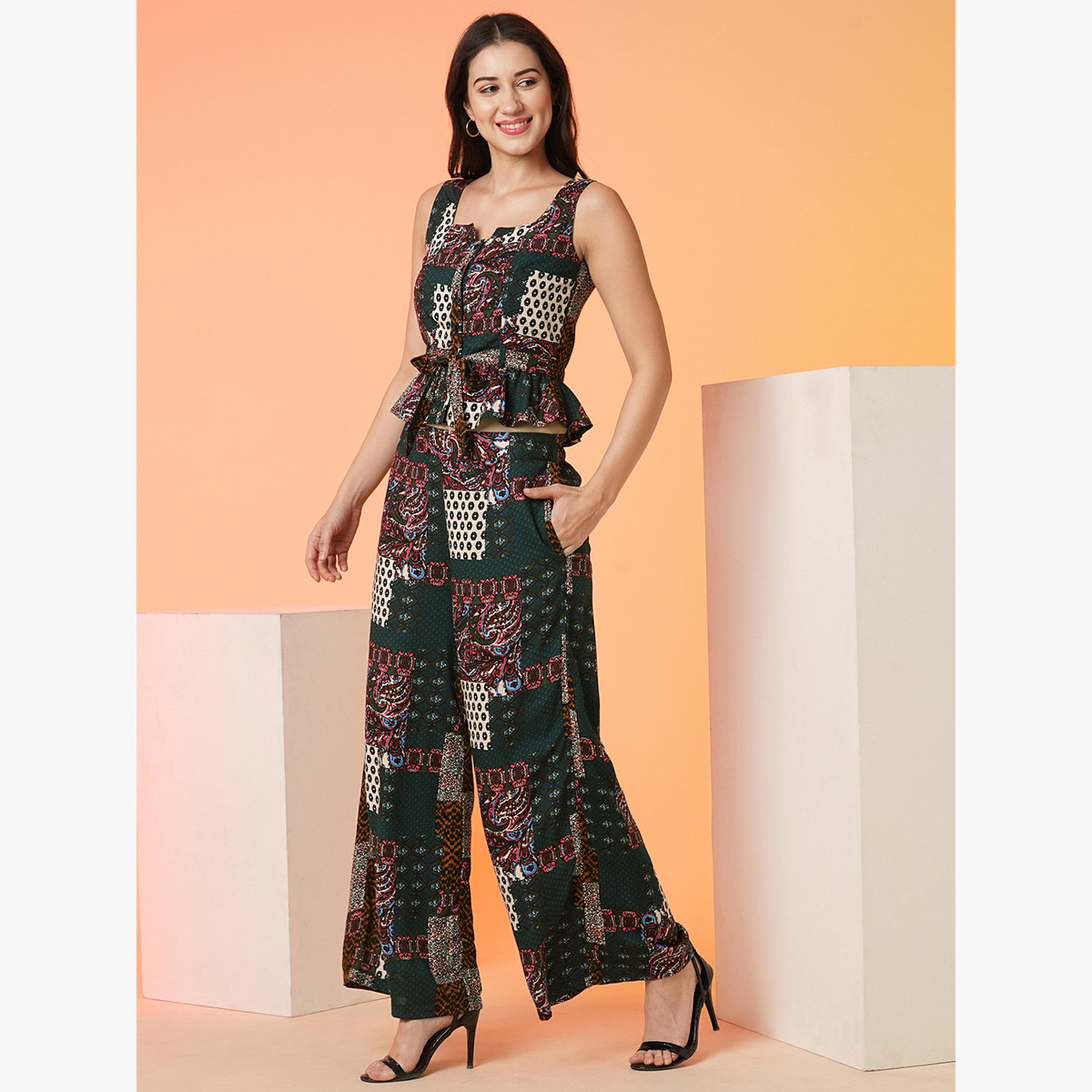 غلوبوص × ستايلي - بلوزة قصيرة ببلوم برباط على الخصر مع بنطال واسع-women-clothing-coordsets-image-2