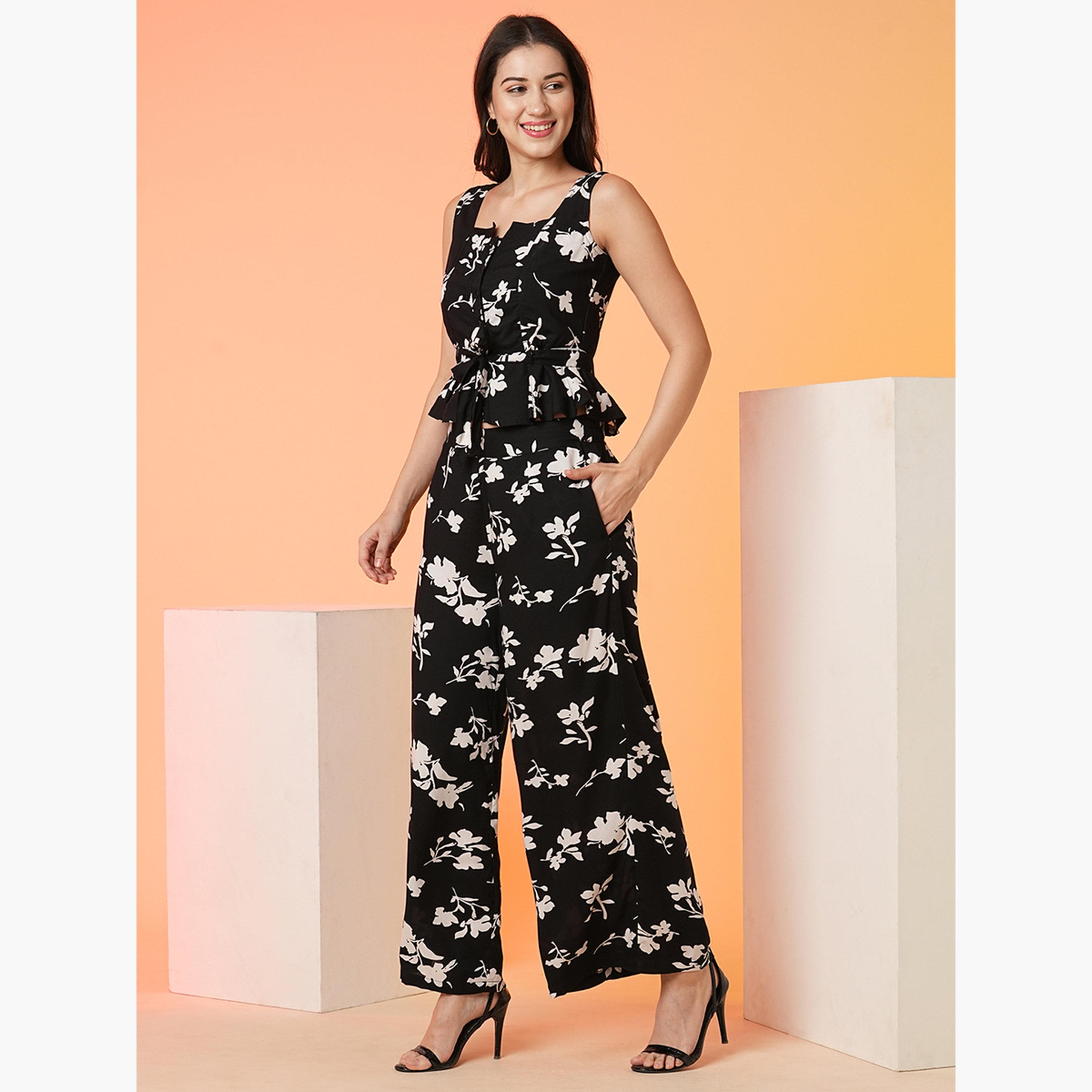 Globus X Styli Waist Tie-Up Peplum Crop Top and Palazzos Co-Ords-women-clothing-coordsets-image-2