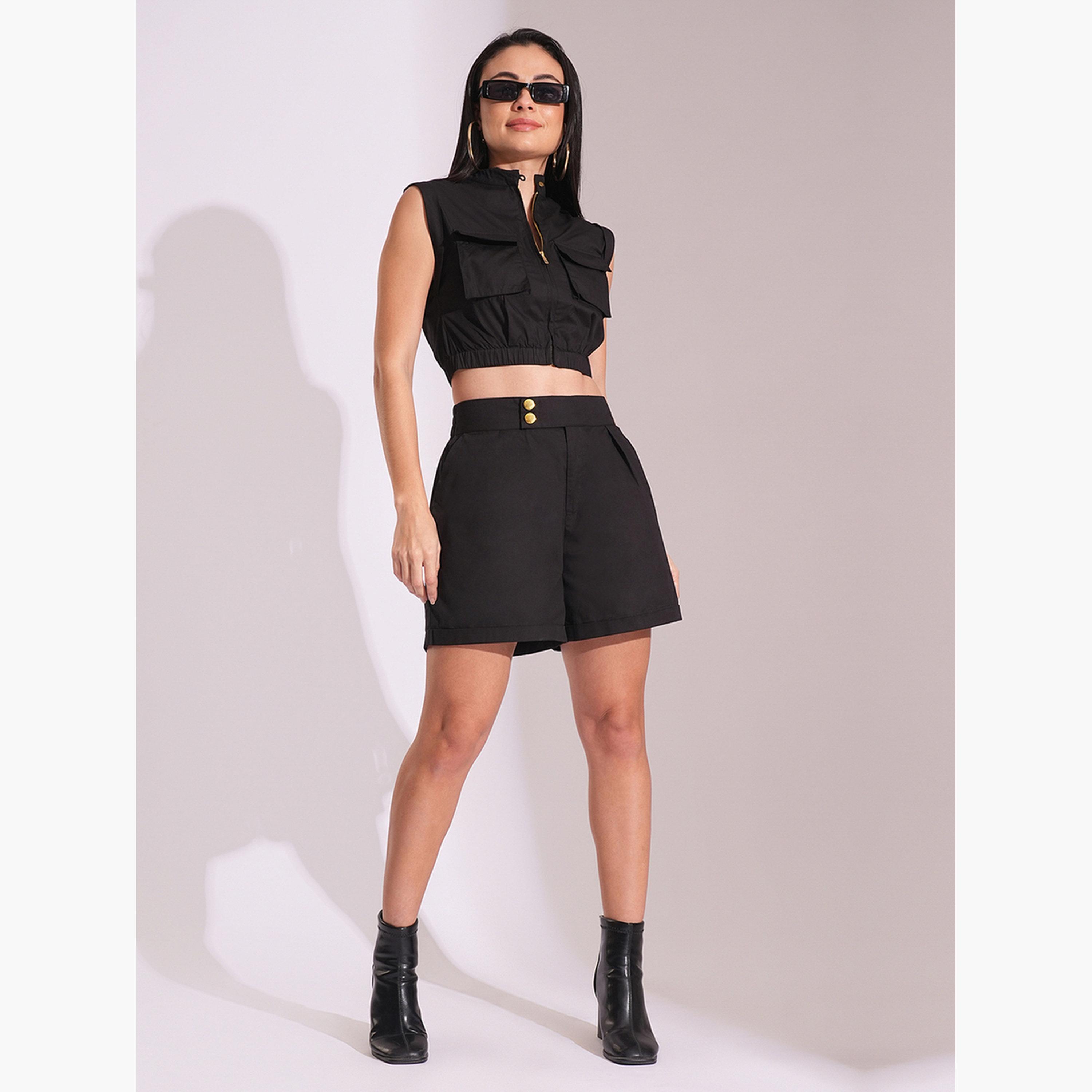 غلوبوص × ستايلي - بلوزة قصيرة وشورت بسحاب أمامي-women-clothing-coordsets-image-2