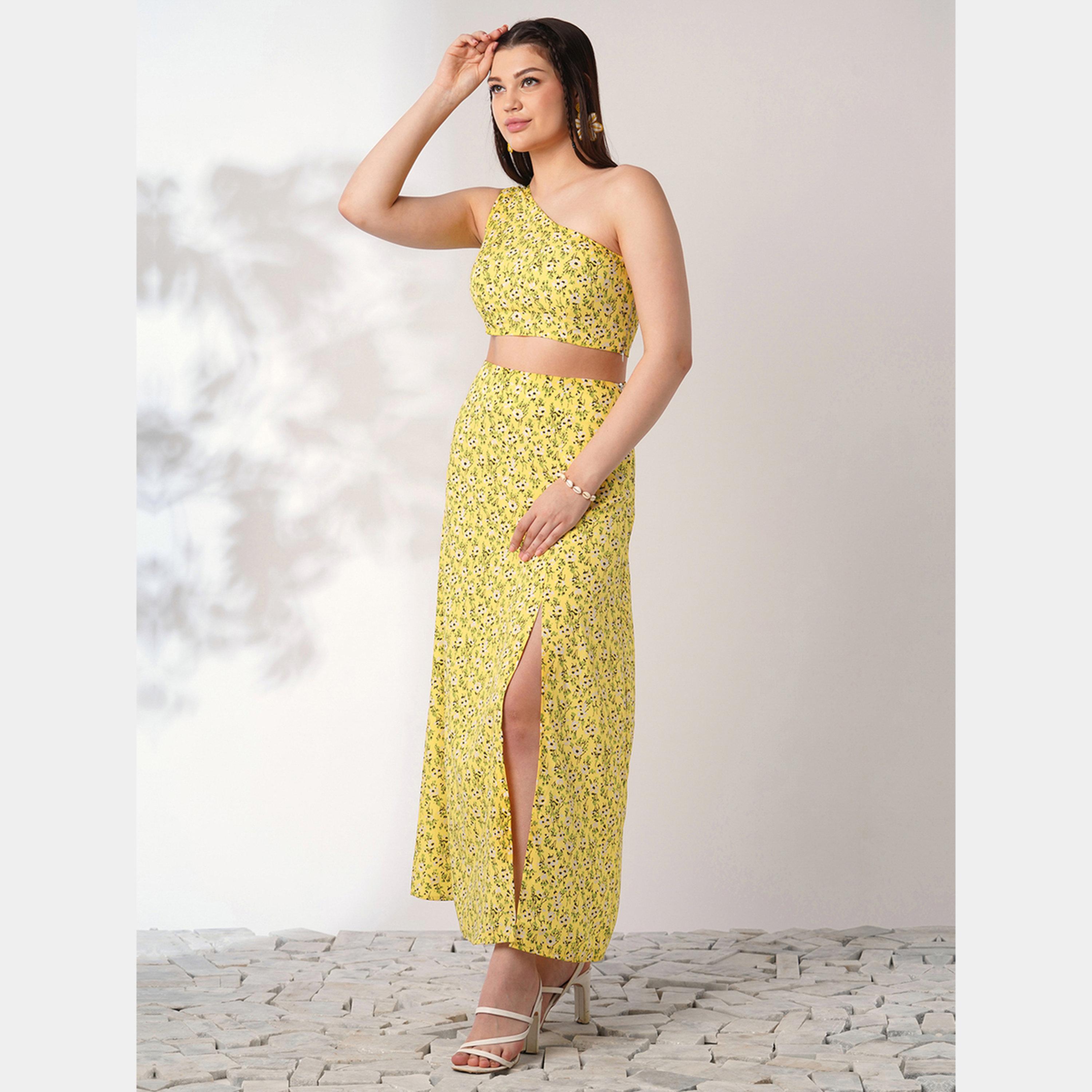 Globus X Styli Yellow Floral One-Shoulder Crop Top and Skirt Co-Ords-women-clothing-coordsets-image-4