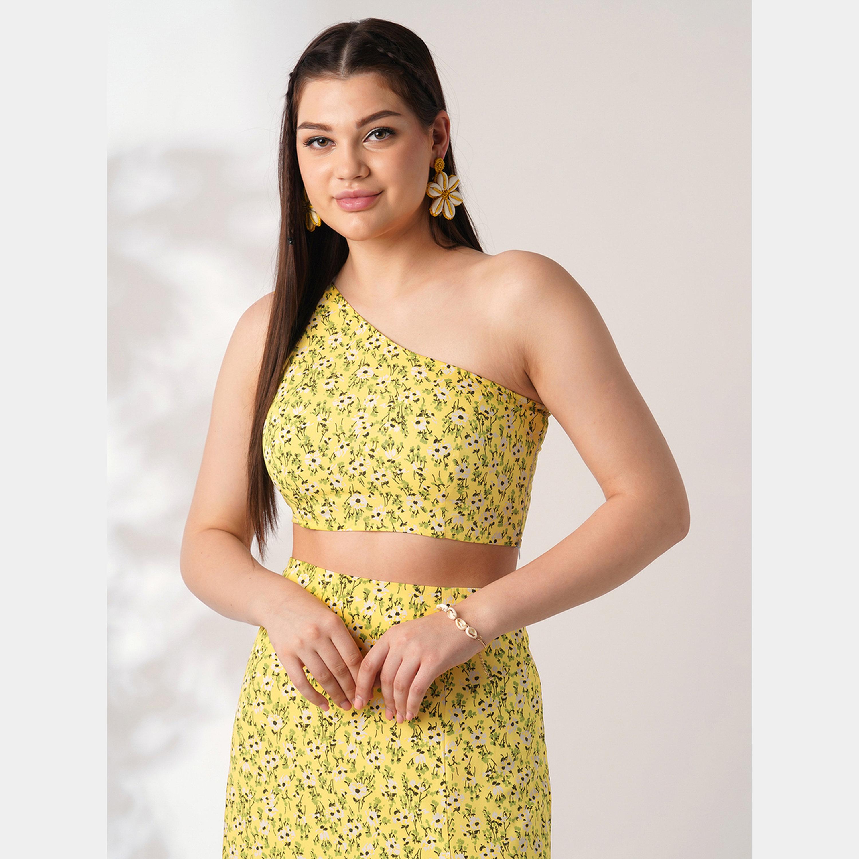 Globus X Styli Yellow Floral One-Shoulder Crop Top and Skirt Co-Ords-women-clothing-coordsets-image-6
