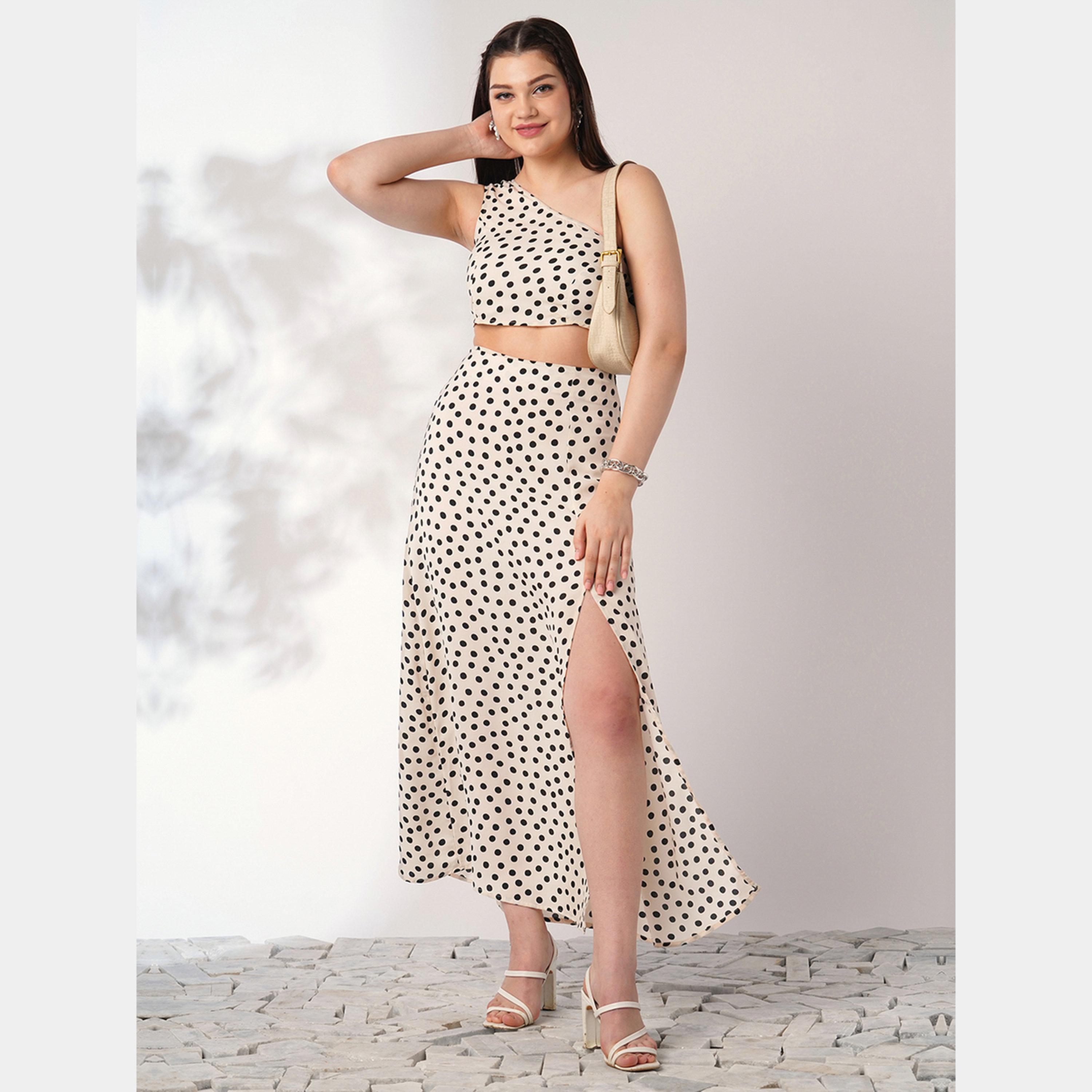 Globus X Styli Beige Polka Print Crop Top and Side Slit Skirt Co-Ords-women-clothing-coordsets-image-1