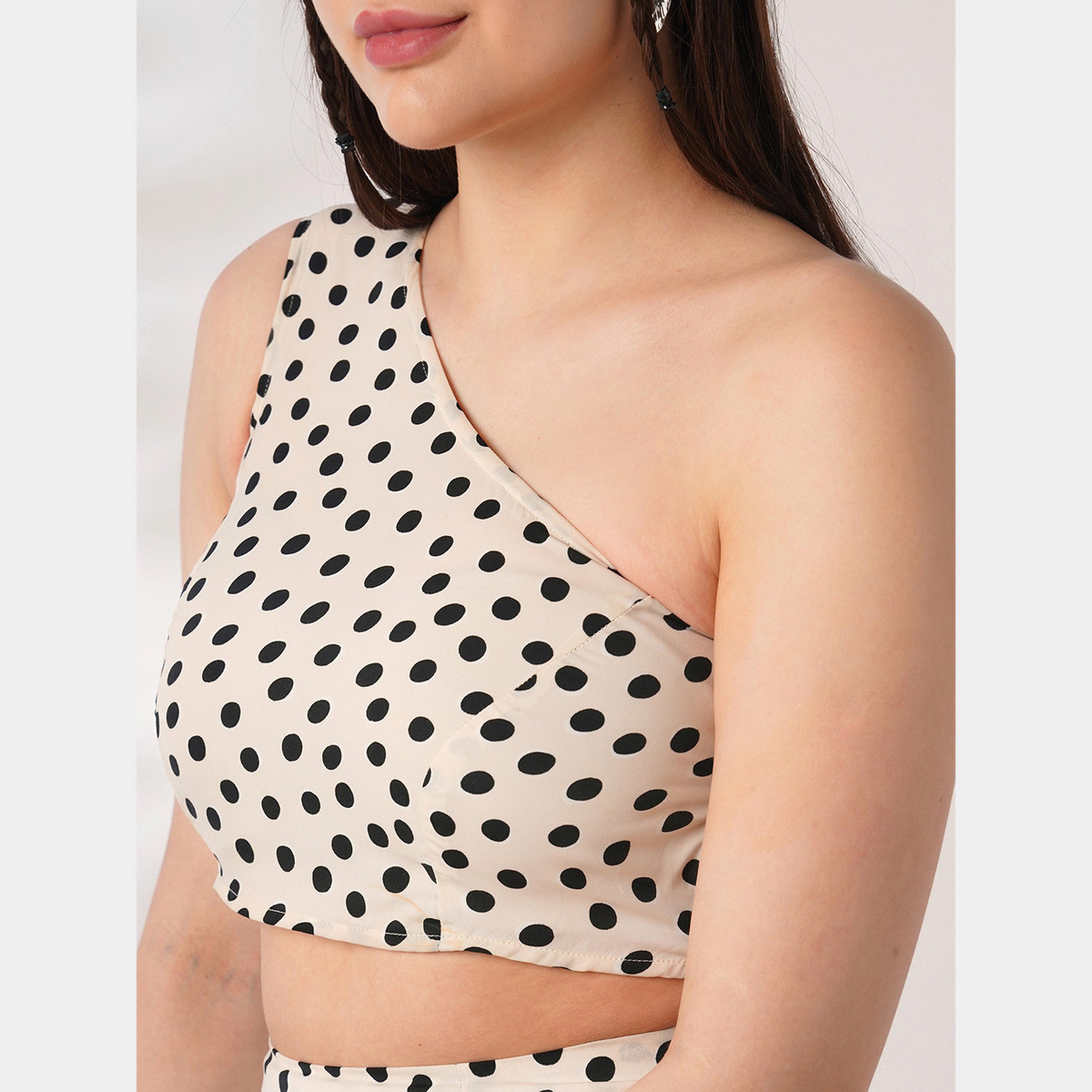 Globus X Styli Beige Polka Print Crop Top and Side Slit Skirt Co-Ords-women-clothing-coordsets-image-2