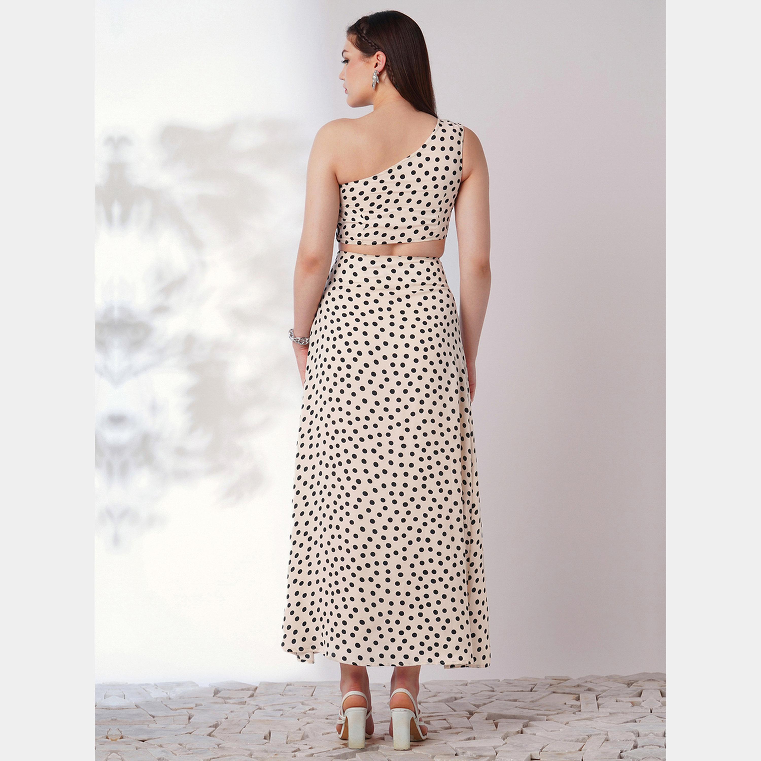Globus X Styli Beige Polka Print Crop Top and Side Slit Skirt Co-Ords-women-clothing-coordsets-image-3