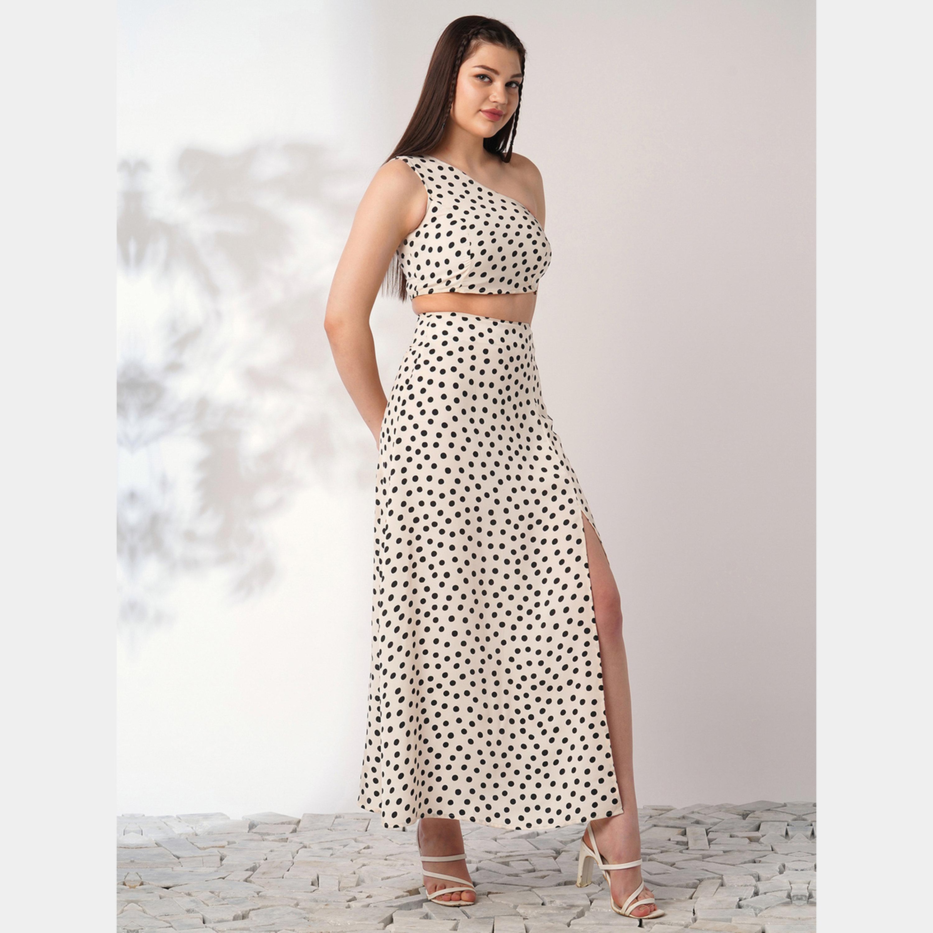 Globus X Styli Beige Polka Print Crop Top and Side Slit Skirt Co-Ords-women-clothing-coordsets-image-4