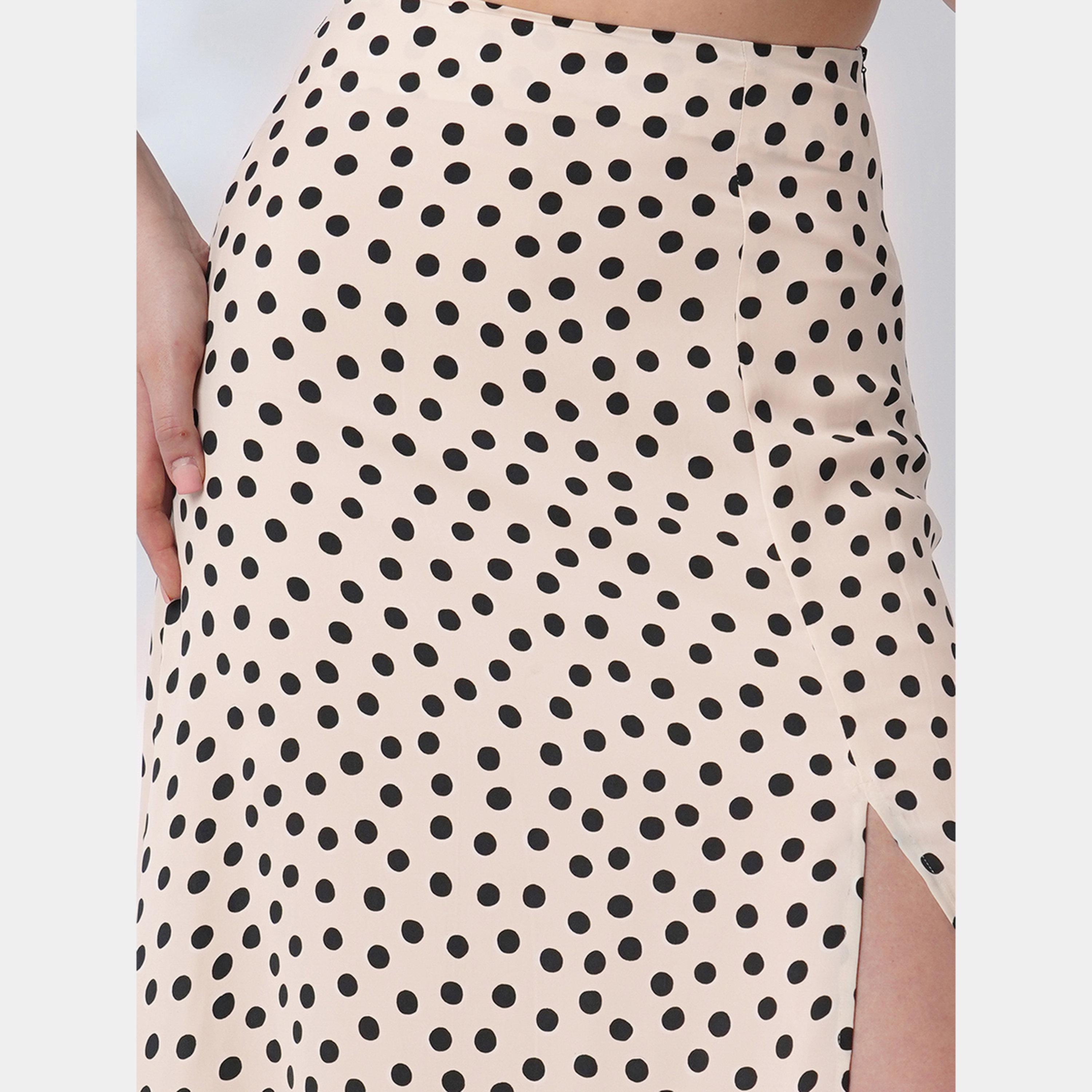 Globus X Styli Beige Polka Print Crop Top and Side Slit Skirt Co-Ords-women-clothing-coordsets-image-5