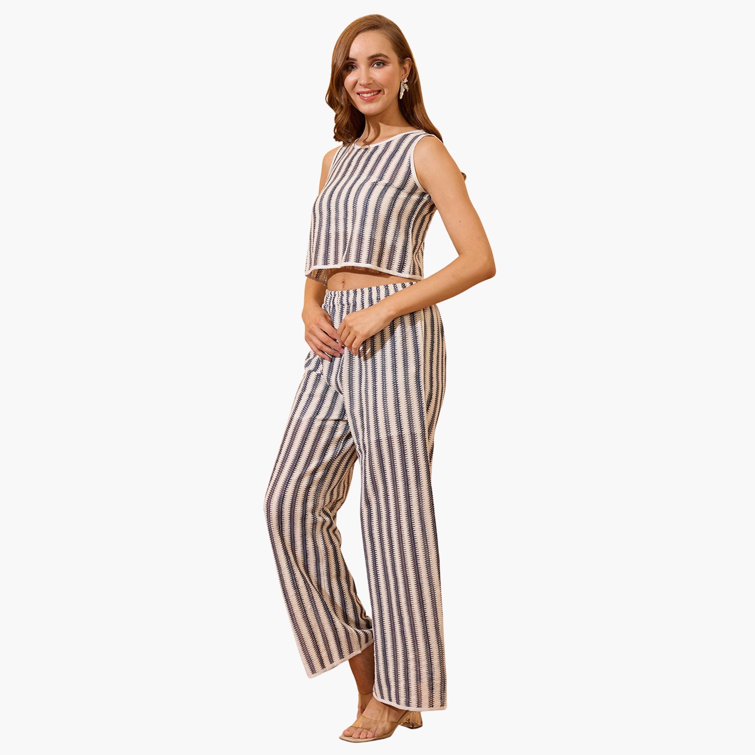 غلوبوص × ستايلي - بلوزة قصيرة مخططة لون اوف وايت مع بنطال-women-clothing-coordsets-image-1