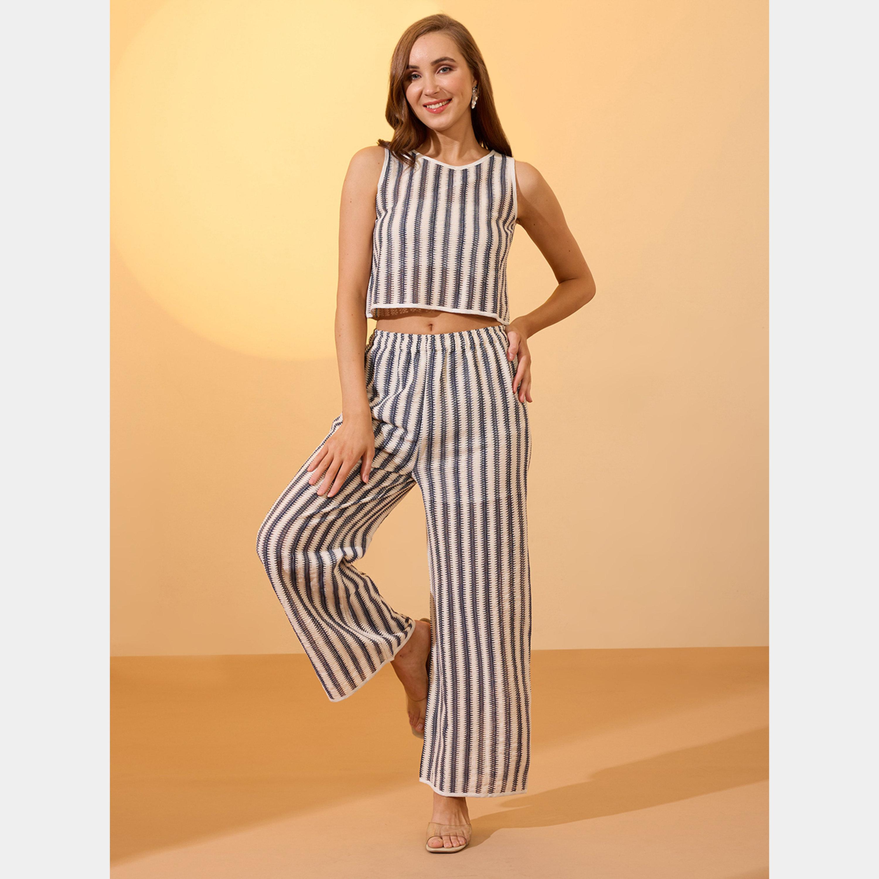 غلوبوص × ستايلي - بلوزة قصيرة مخططة لون اوف وايت مع بنطال-women-clothing-coordsets-image-6