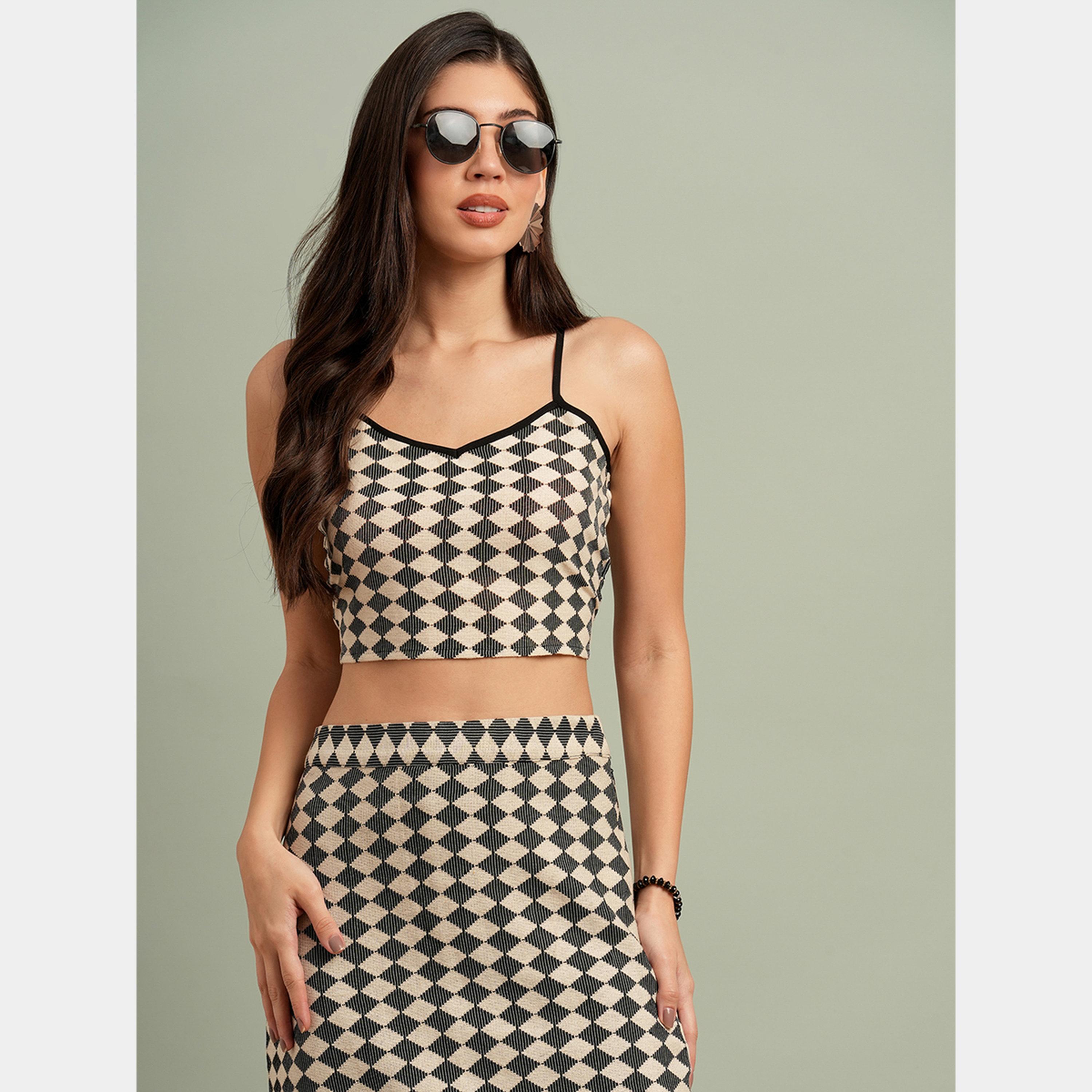 غلوبوص × ستايلي - بلوزة قصيرة وتنورة محبوكة بنقشة ماسية-women-clothing-coordsets-image-2