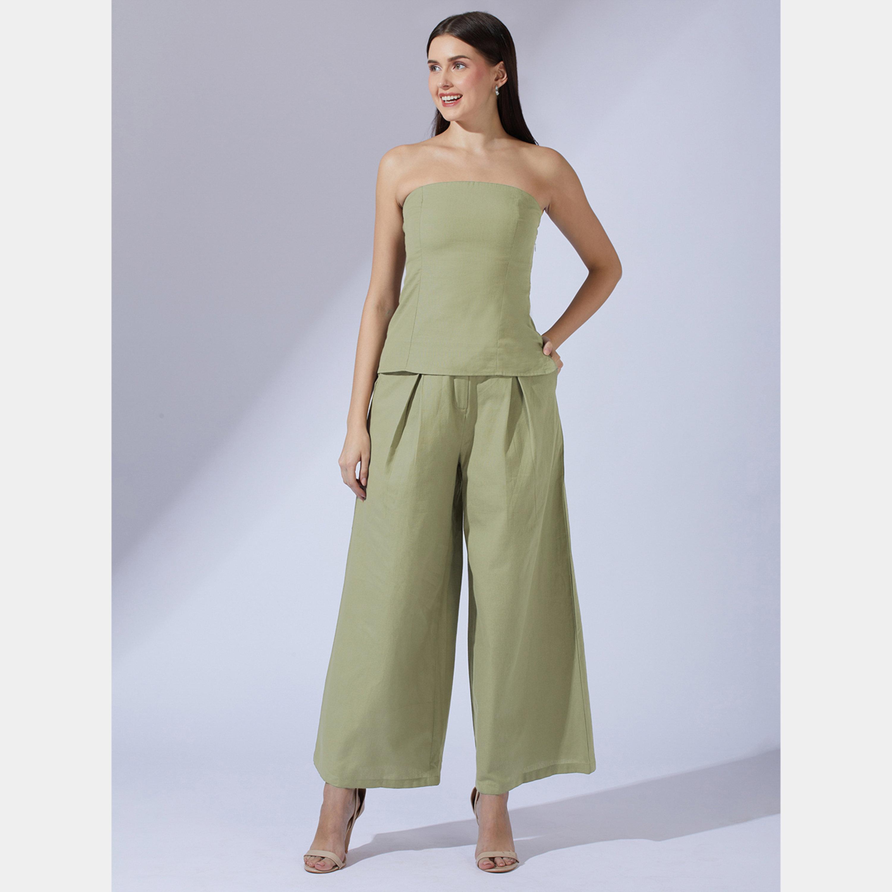 Globus X Styli Olive Bandeau Top and Wide Leg Trousers Co-Ords-women-clothing-coordsets-image-1