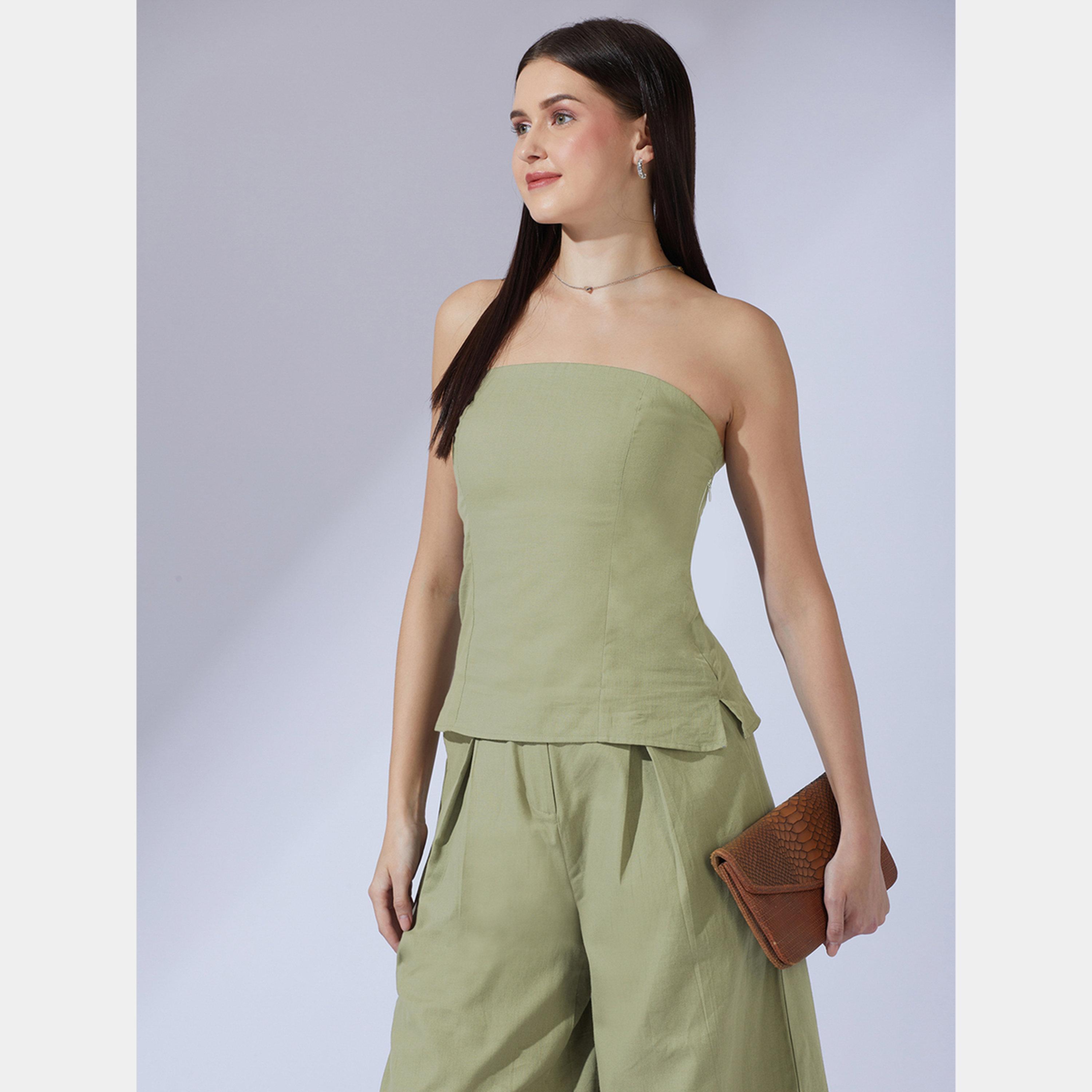 Globus X Styli Olive Bandeau Top and Wide Leg Trousers Co-Ords-women-clothing-coordsets-image-2