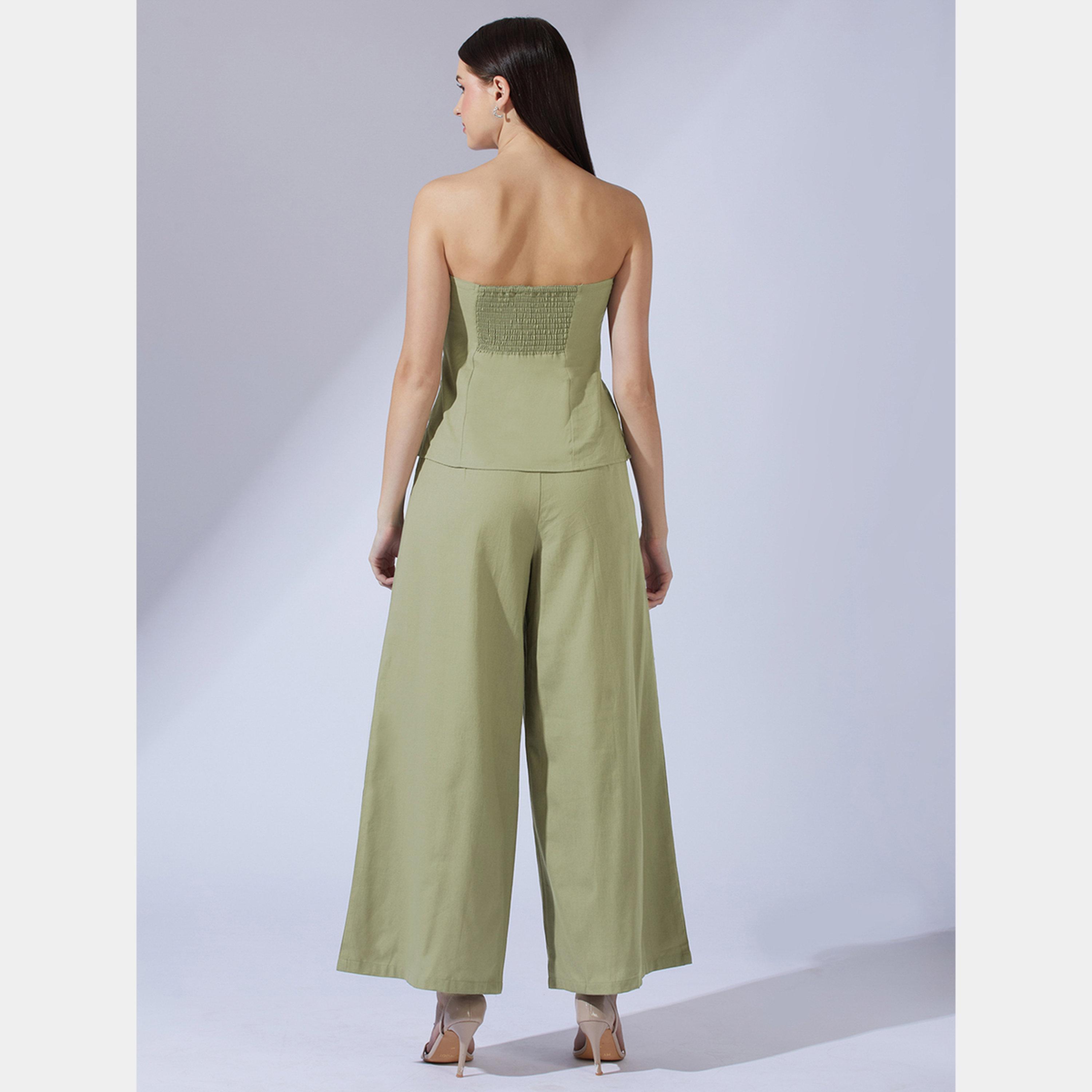 Globus X Styli Olive Bandeau Top and Wide Leg Trousers Co-Ords-women-clothing-coordsets-image-3