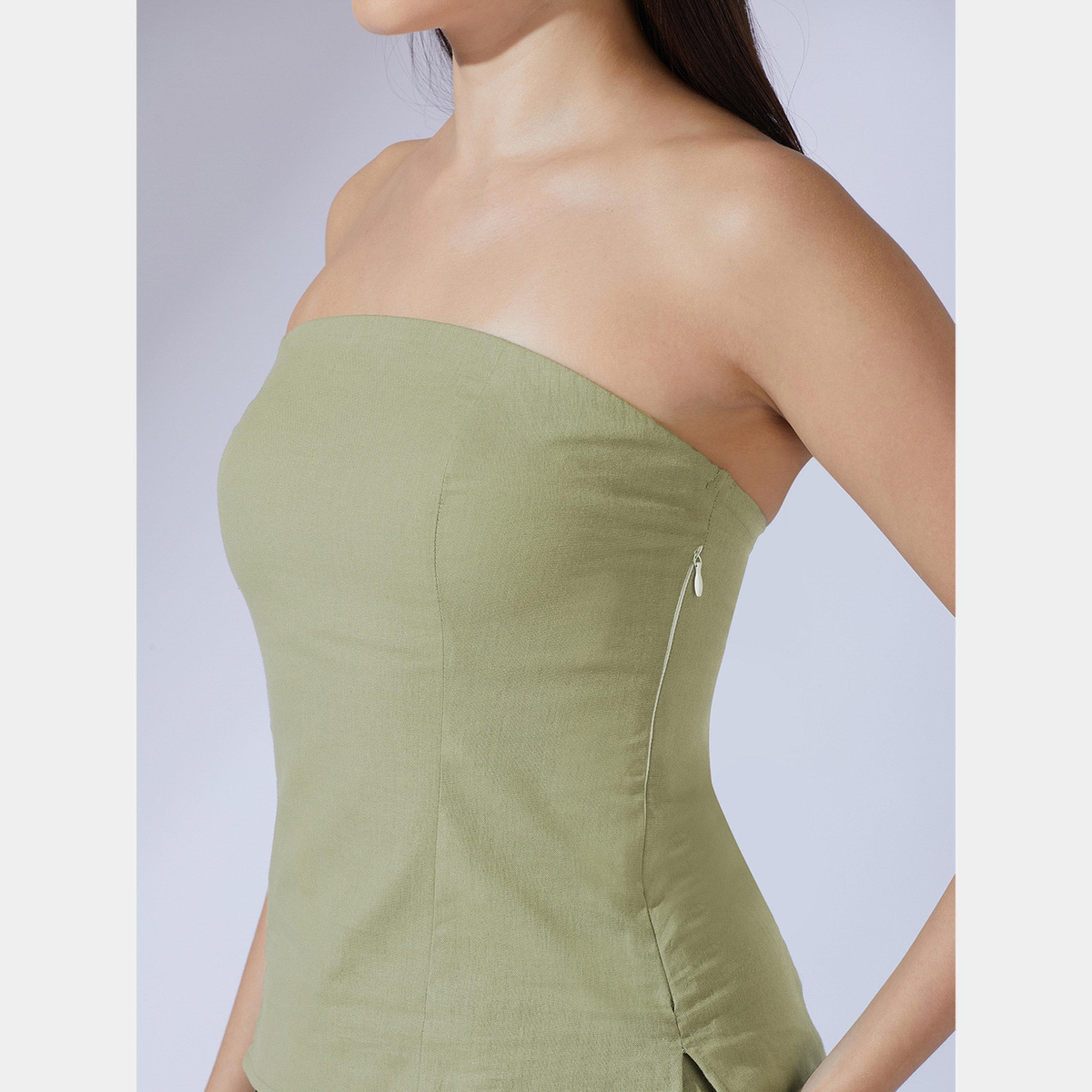 Globus X Styli Olive Bandeau Top and Wide Leg Trousers Co-Ords-women-clothing-coordsets-image-4