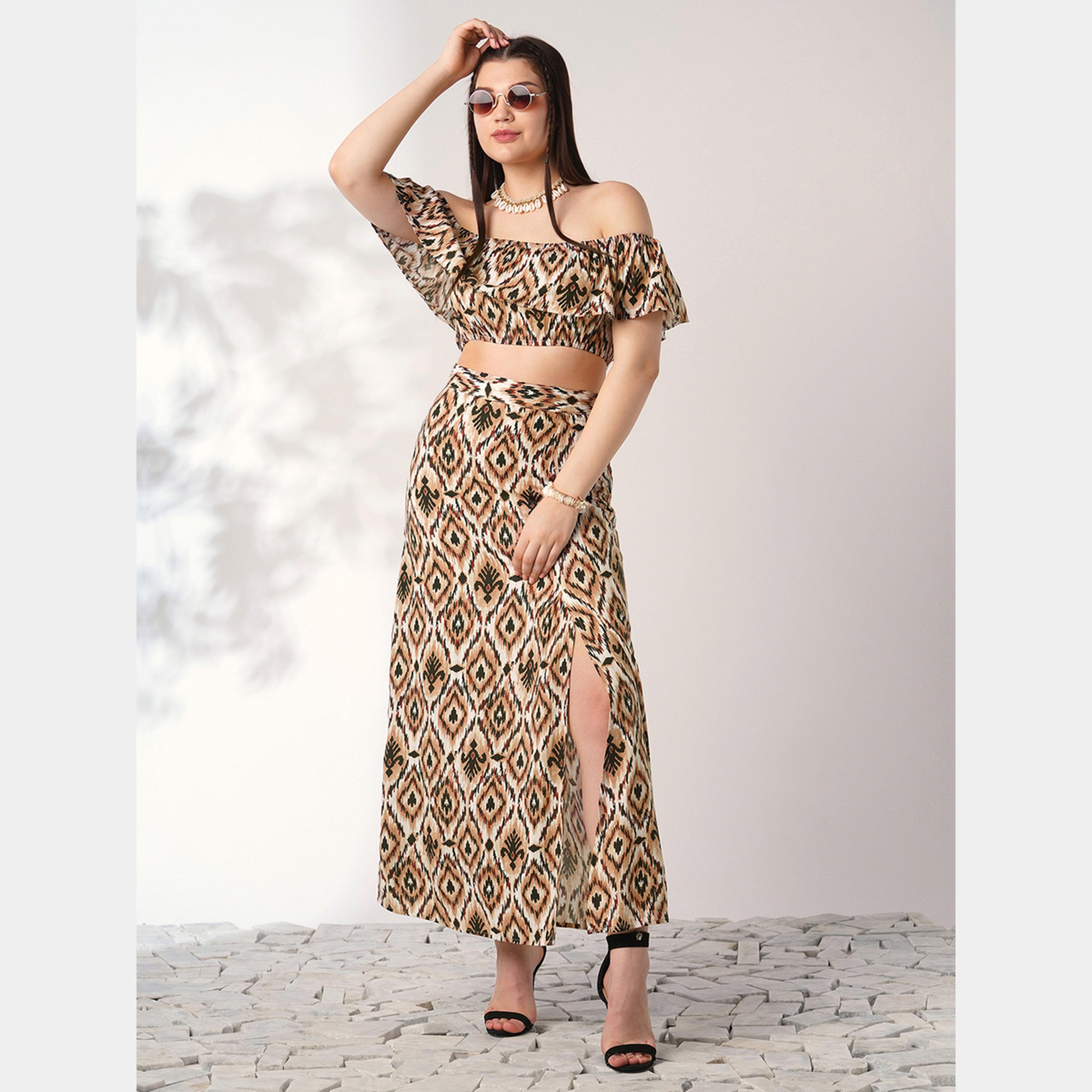 Globus X Styli Brown Ikat Crop Top and Maxi Skirt Co-Ords-women-clothing-coordsets-image-1