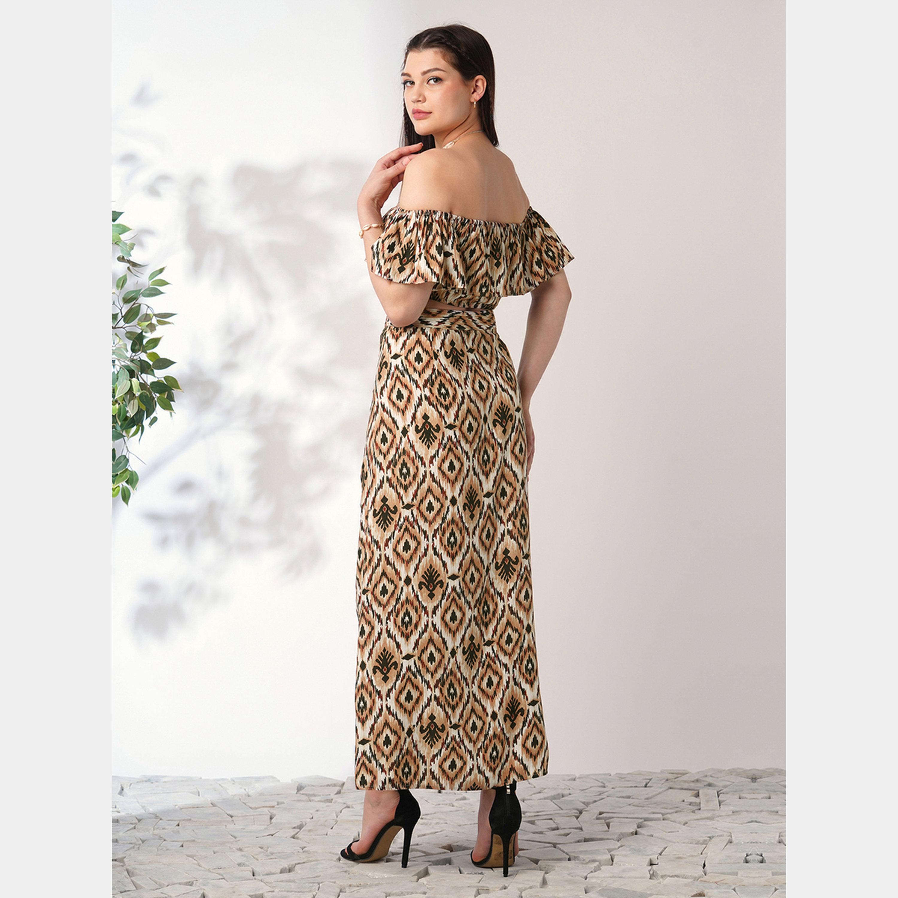 Globus X Styli Brown Ikat Crop Top and Maxi Skirt Co-Ords-women-clothing-coordsets-image-3