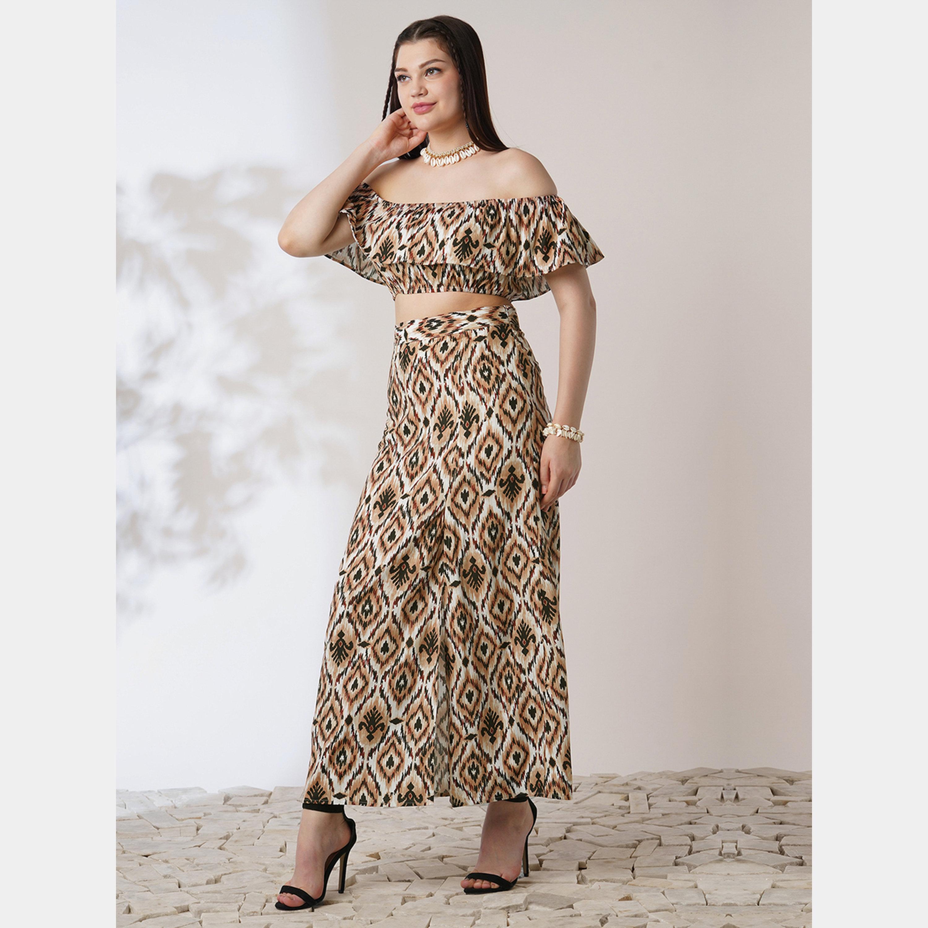 Globus X Styli Brown Ikat Crop Top and Maxi Skirt Co-Ords-women-clothing-coordsets-image-6