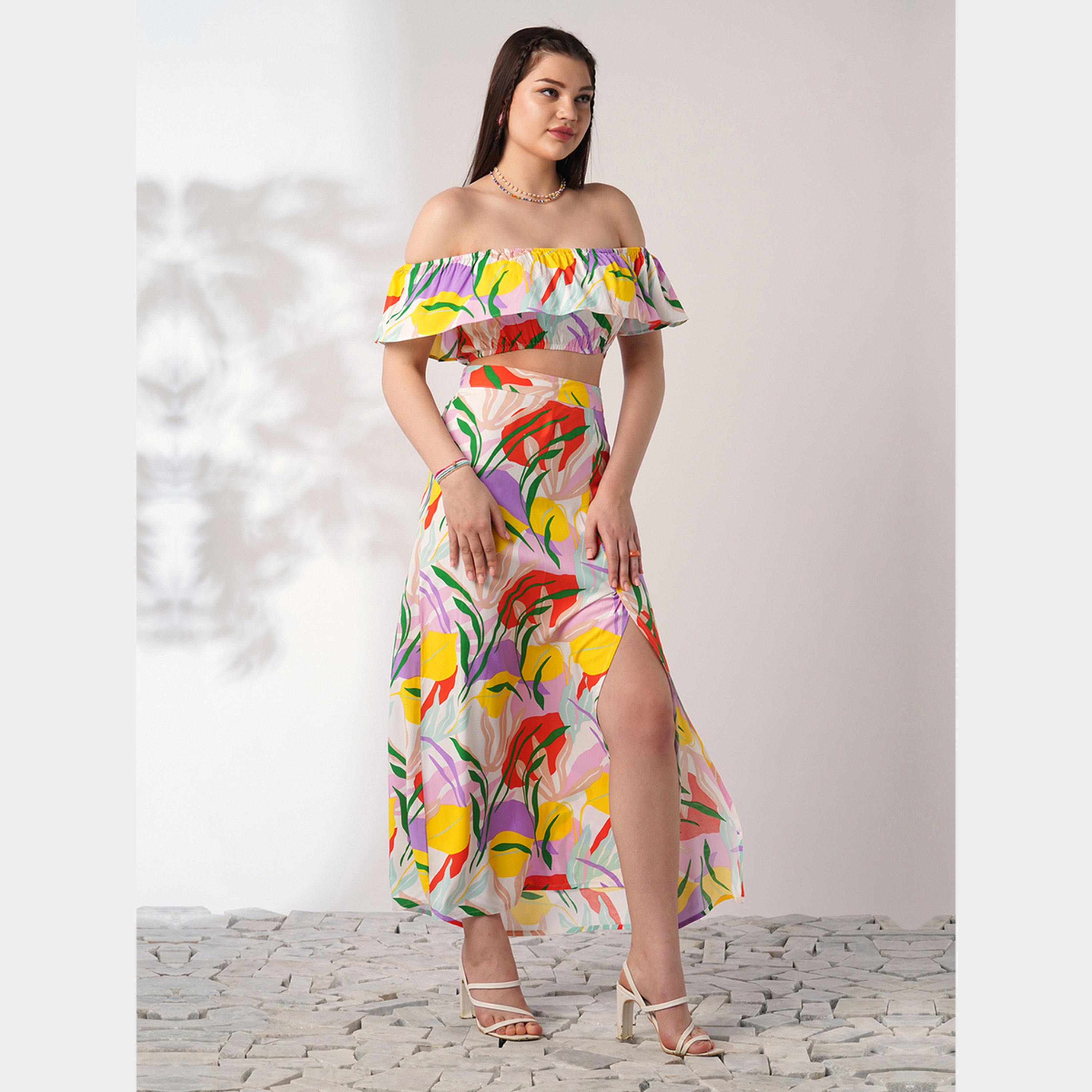 غلوبوص × ستايلي - بلوزة قصيرة بطبعة زهور مع تنورة ماكسي-women-clothing-coordsets-image-1