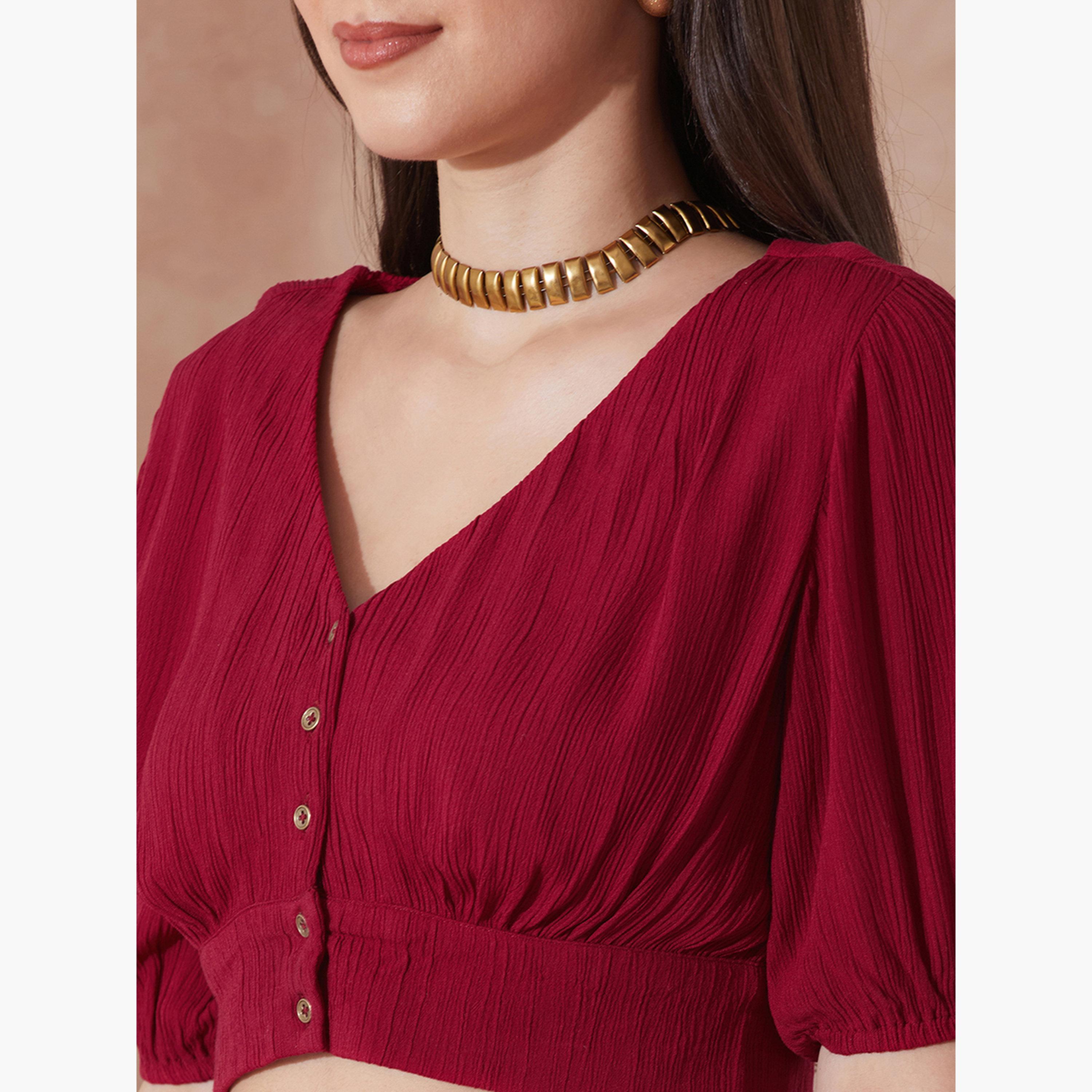 غلوبوص × ستايلي - بلوزة قصيرة رقبة حرف V وتفاصيل أزرار وبنطال واسع الساق-women-clothing-coordsets-image-6