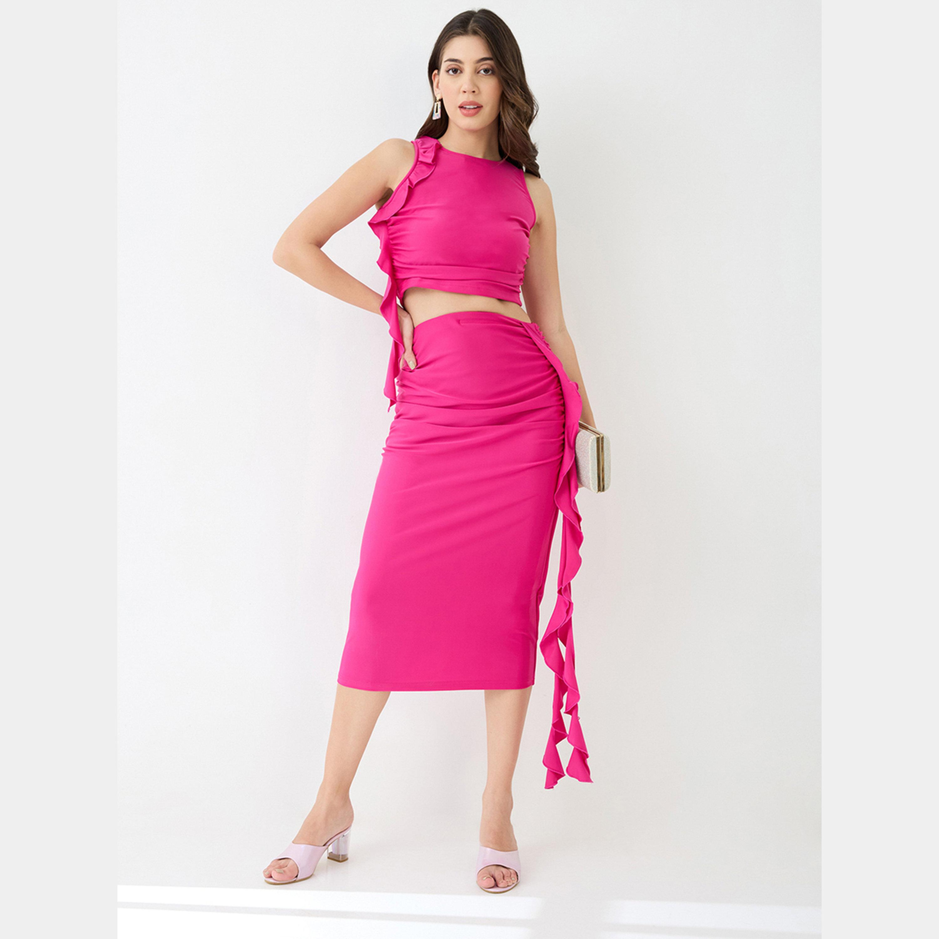 غلوبوص × ستايلي - بلوزة وتنورة قصيرة مكشكشة باللون الوردي-women-clothing-coordsets-image-1