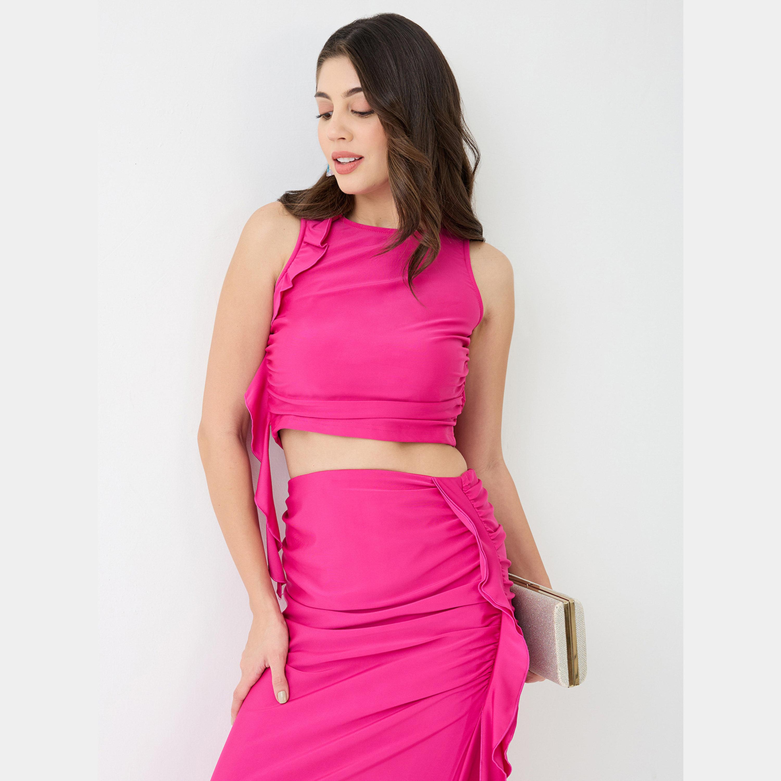 غلوبوص × ستايلي - بلوزة وتنورة قصيرة مكشكشة باللون الوردي-women-clothing-coordsets-image-2
