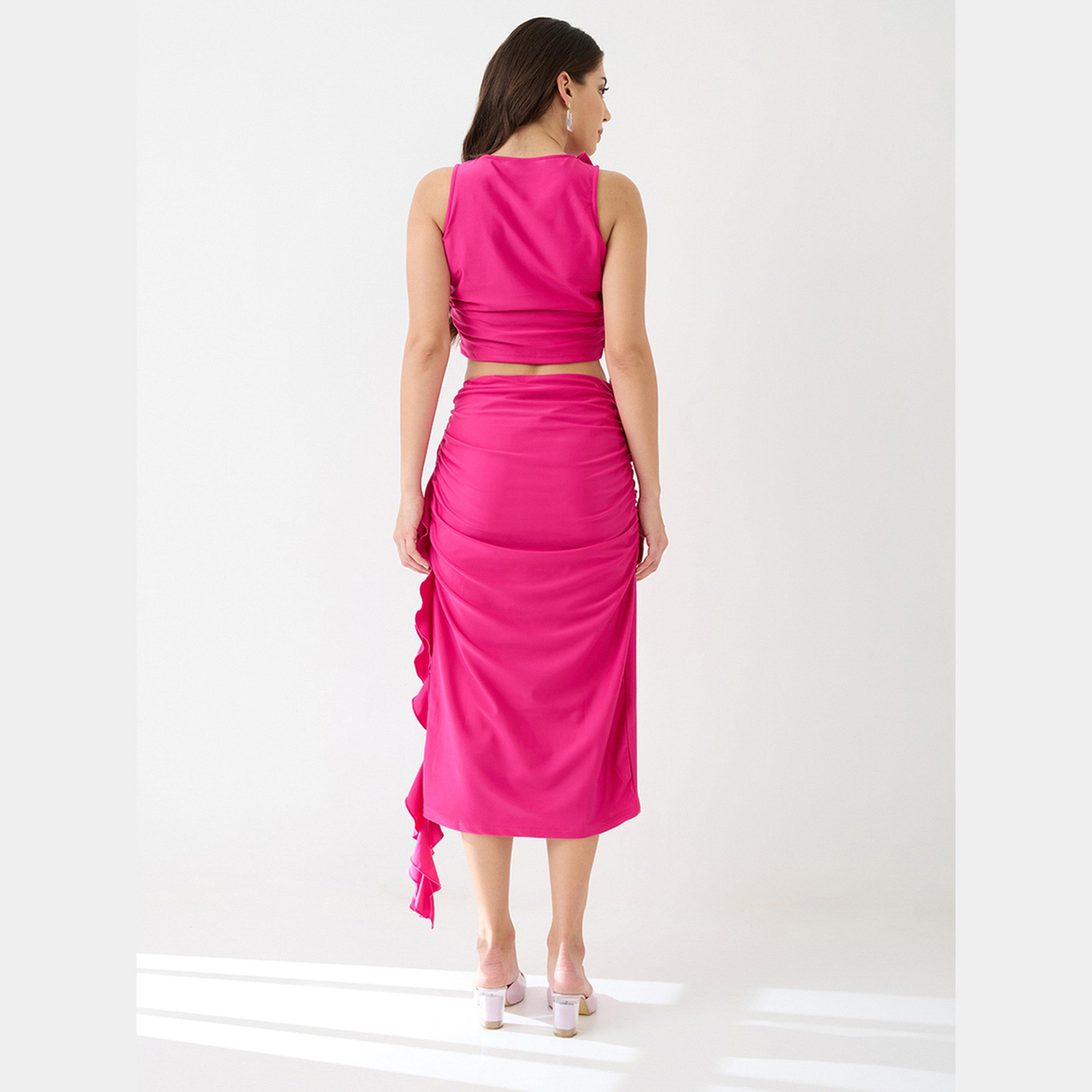 Globus X Styli Pink Ruffle Draped Crop Top and Skirt Co-ords-women-clothing-coordsets-image-3