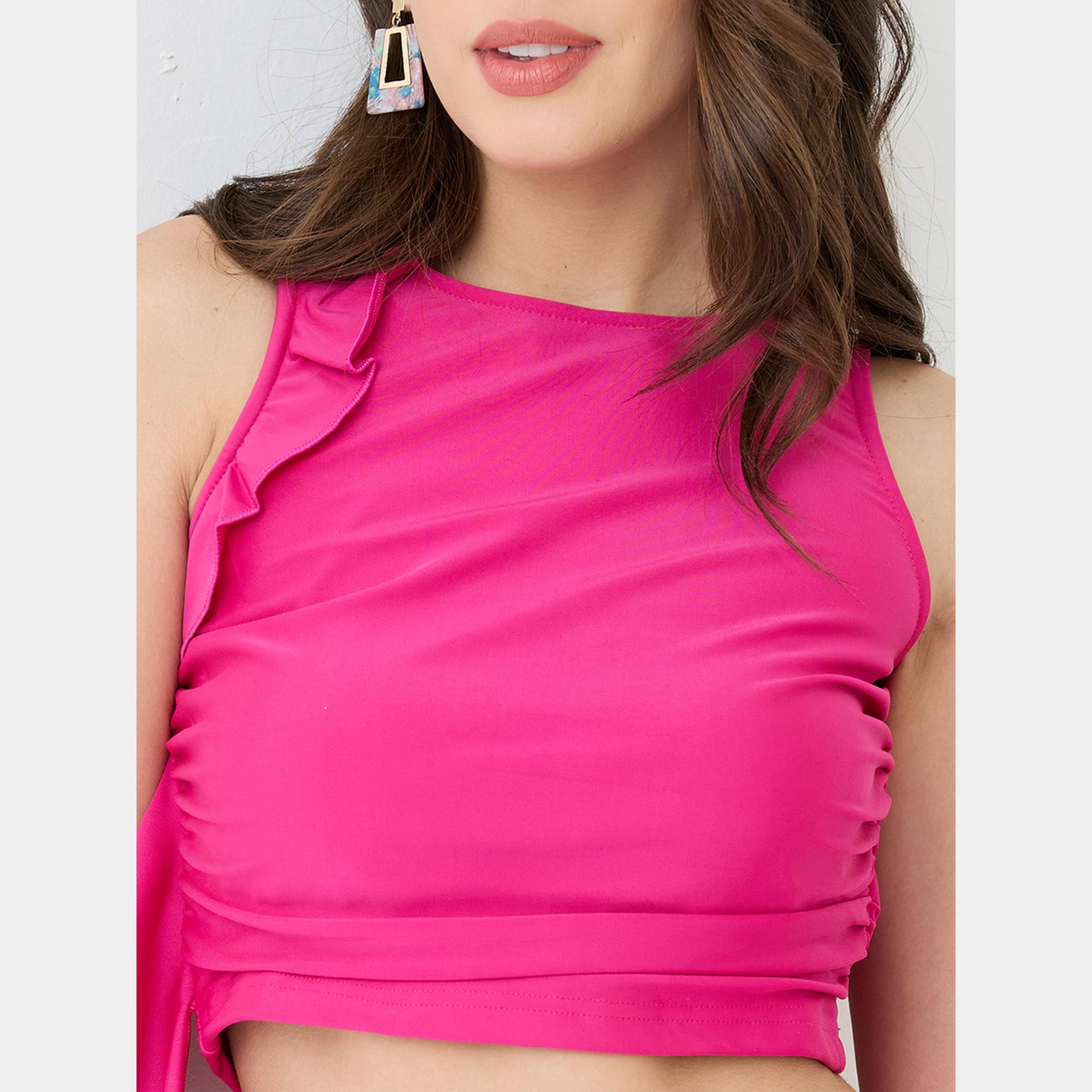 Globus X Styli Pink Ruffle Draped Crop Top and Skirt Co-ords-women-clothing-coordsets-image-4