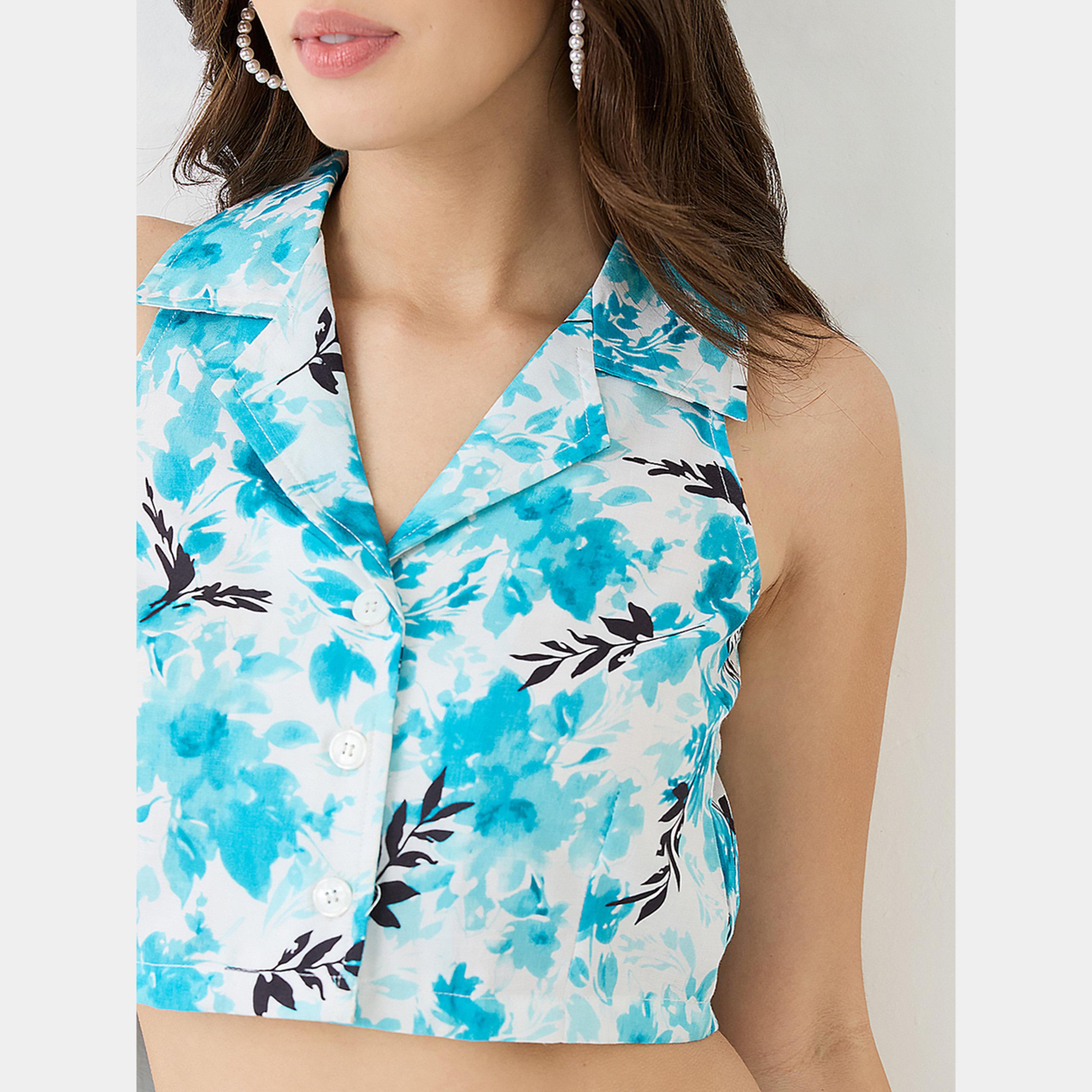 غلوبوص × ستايلي - قميص قصير بطبعة زهور زرقاء وبنطال واسع الساق-women-clothing-coordsets-image-4