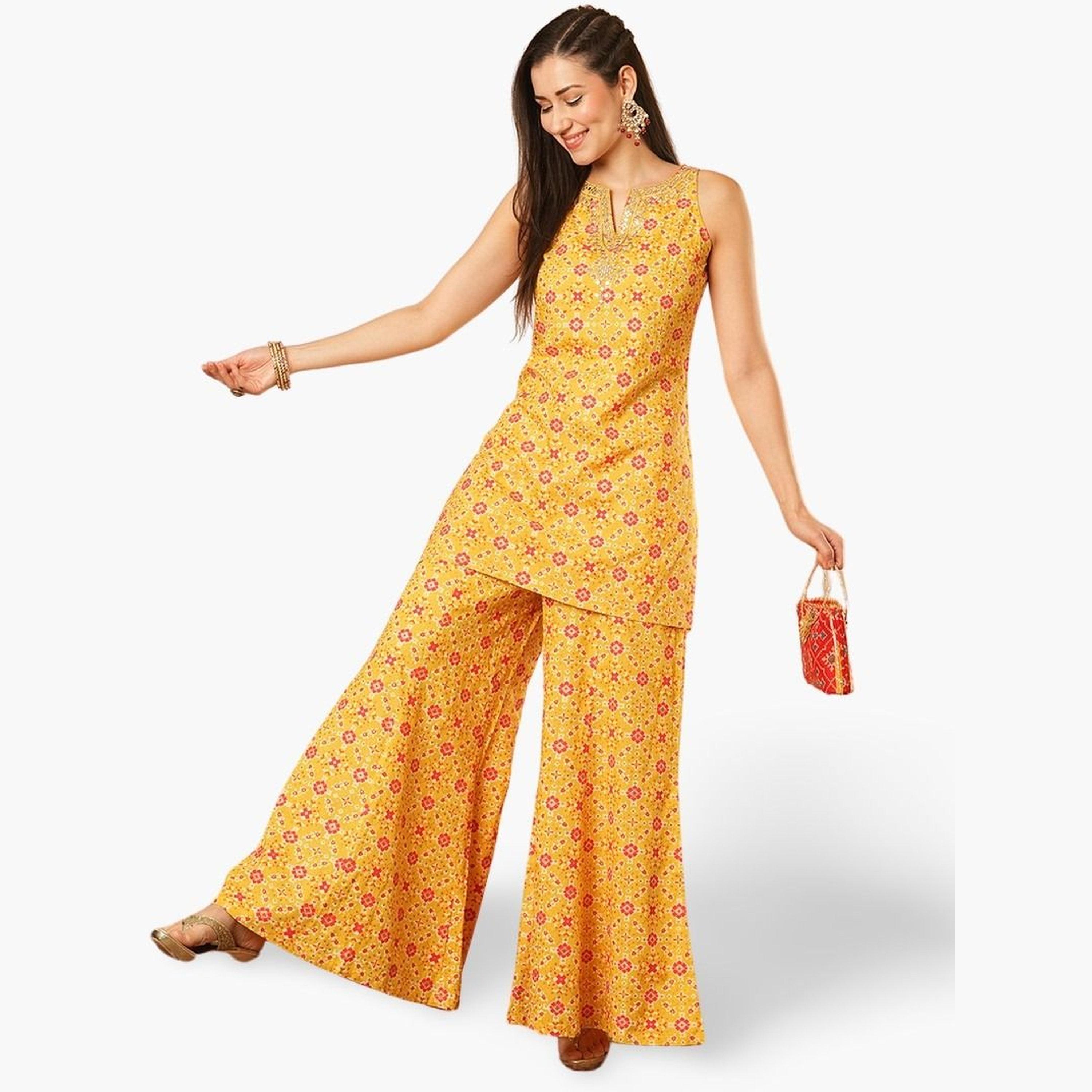Globus X Styli Geometric Print Zari Embroidered Yoke Kurti and Palazzo Festive Co-Ords-women-clothing-coordsets-image-1