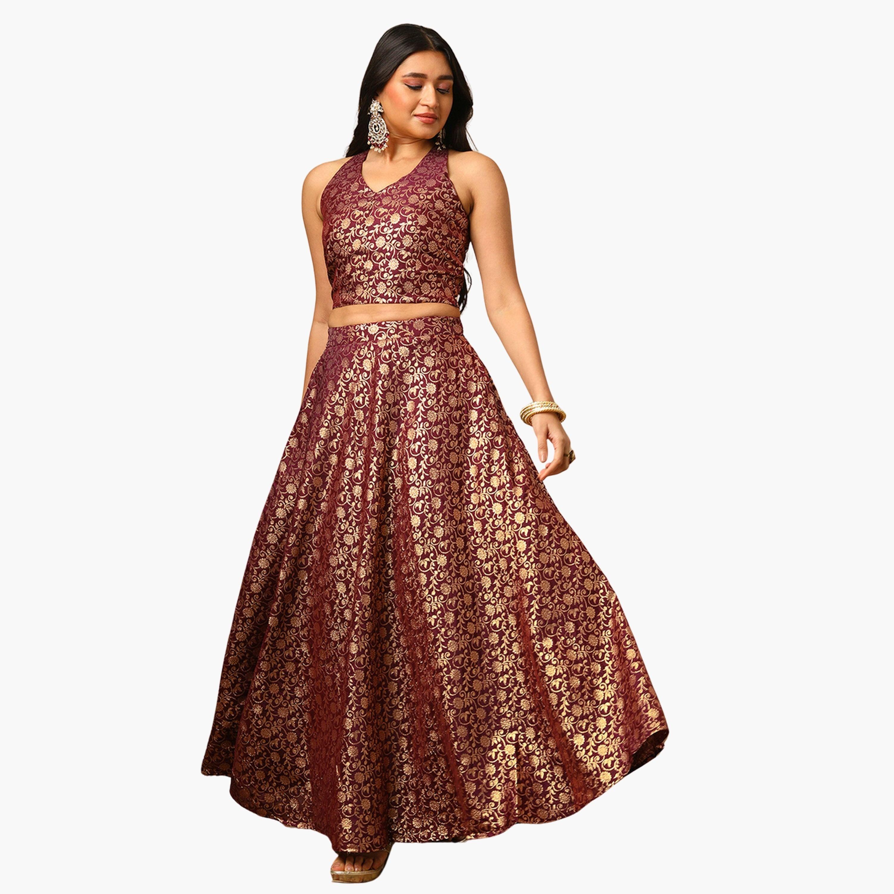 Globus X Styli Brocade Floral Jaal Print Top and Flared Lehenga Festive Co-Ords-women-clothing-coordsets-image-1