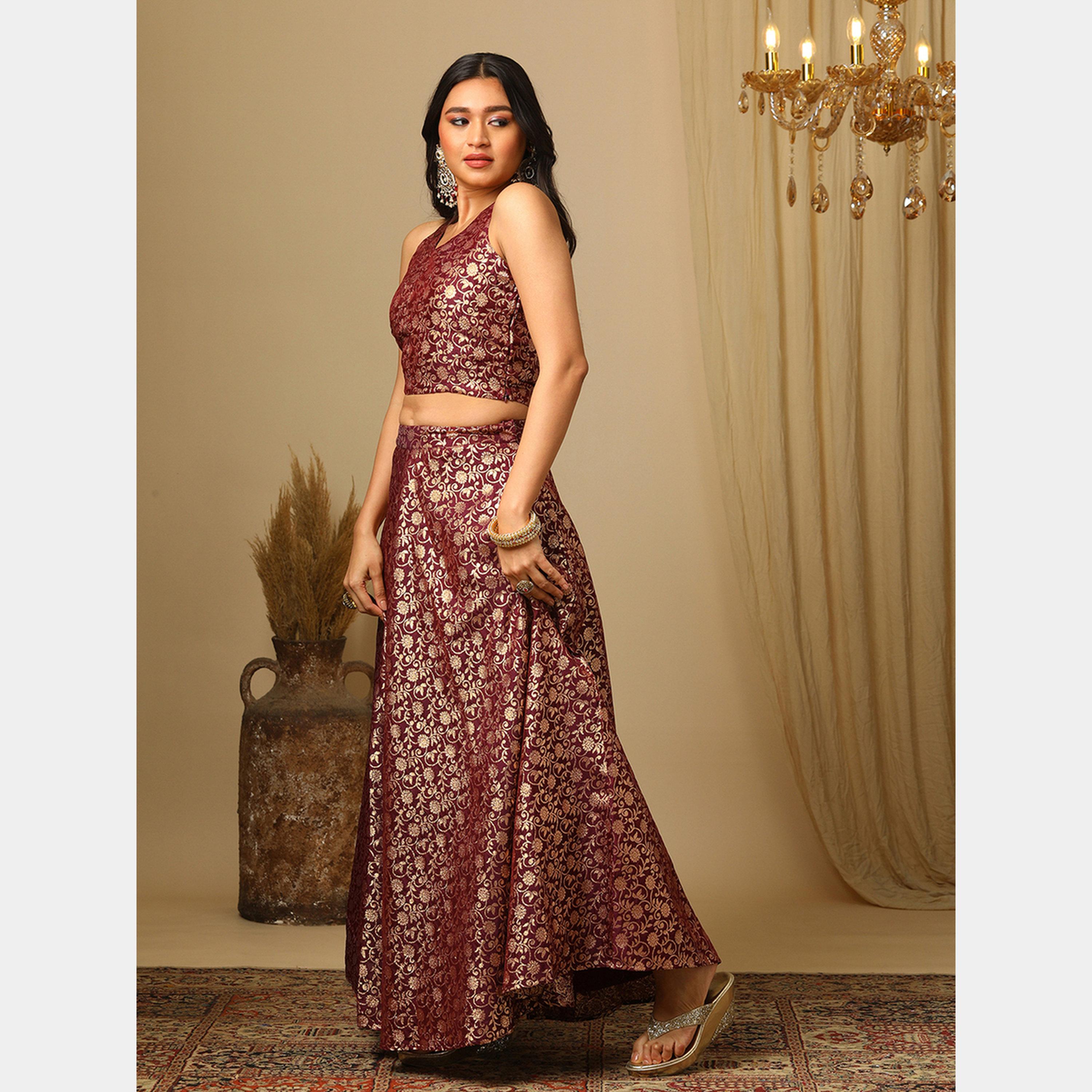 Globus X Styli Brocade Floral Jaal Print Top and Flared Lehenga Festive Co-Ords-women-clothing-coordsets-image-2