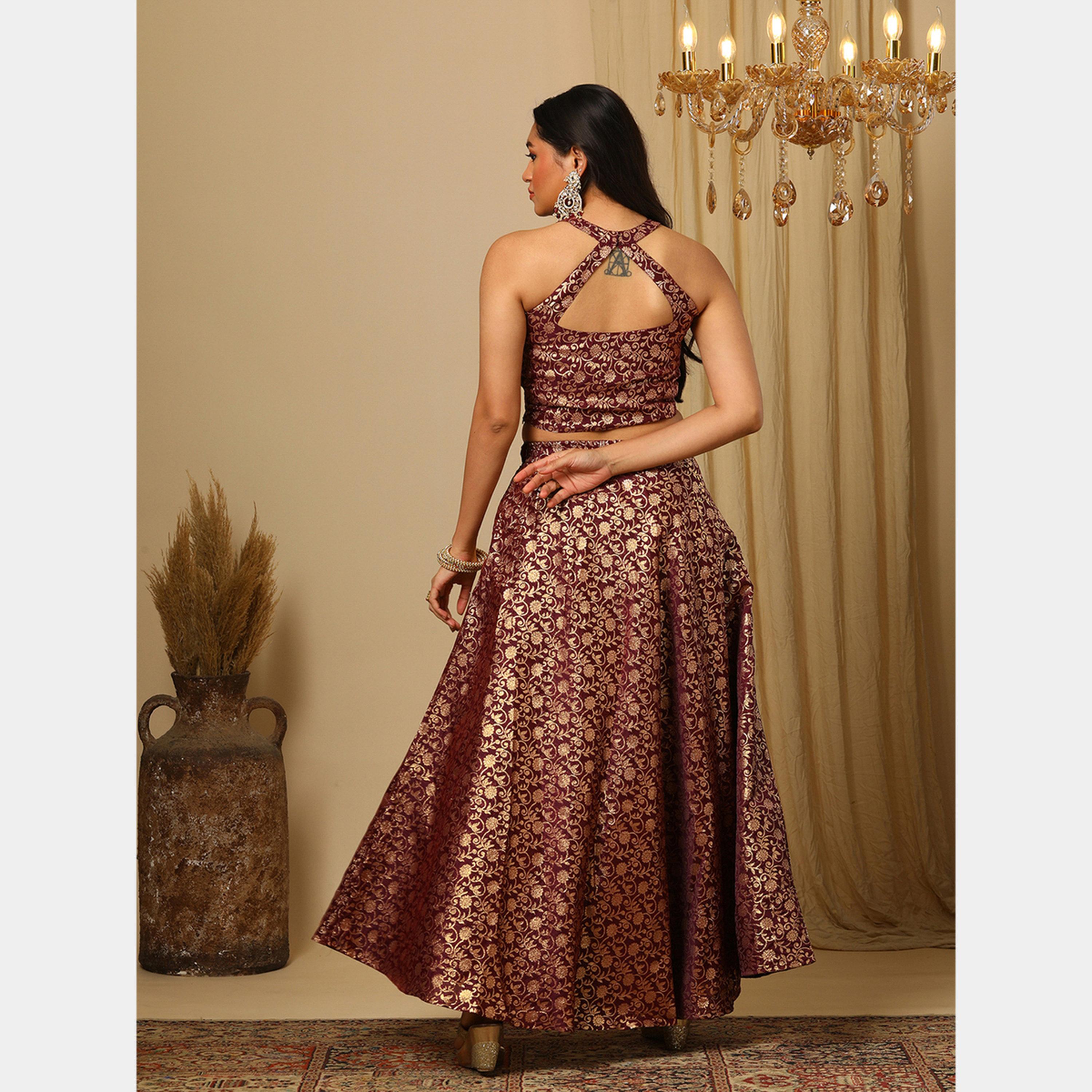 Globus X Styli Brocade Floral Jaal Print Top and Flared Lehenga Festive Co-Ords-women-clothing-coordsets-image-3