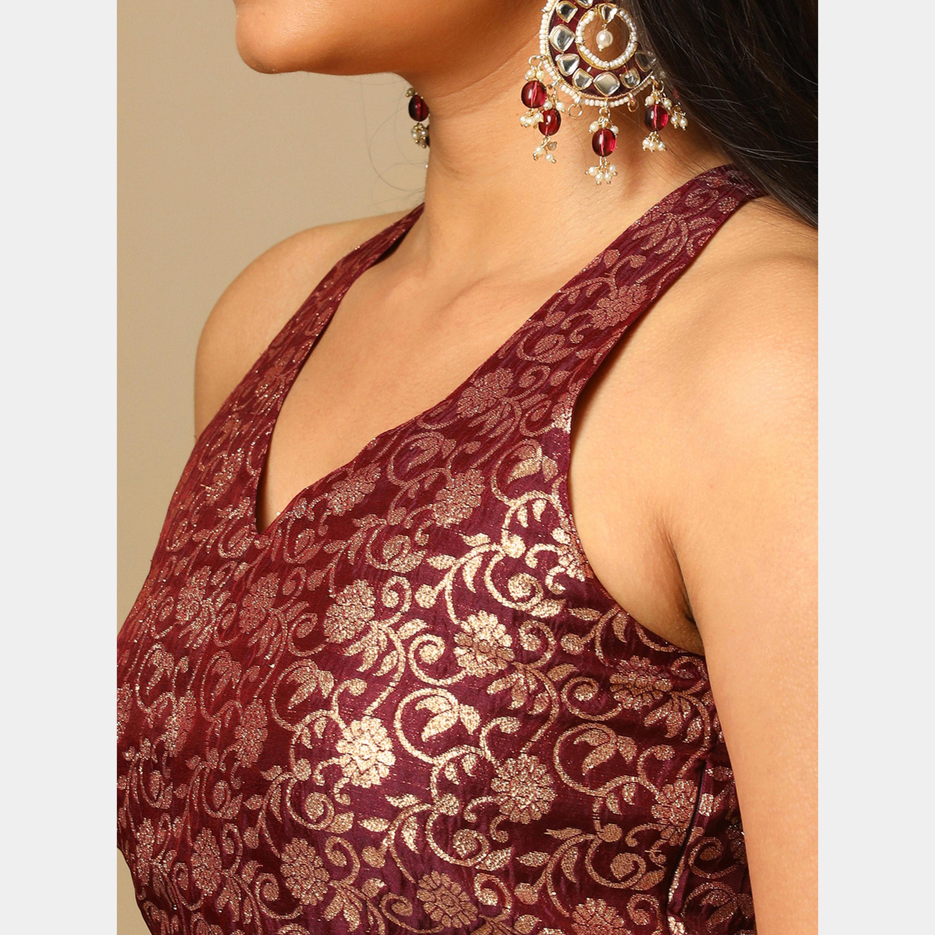 غلوبوص × ستايلي - توب جال قماش بروكيد زهري مع تنورة ليهنغا واسعة للاحتفالات-women-clothing-coordsets-image-4