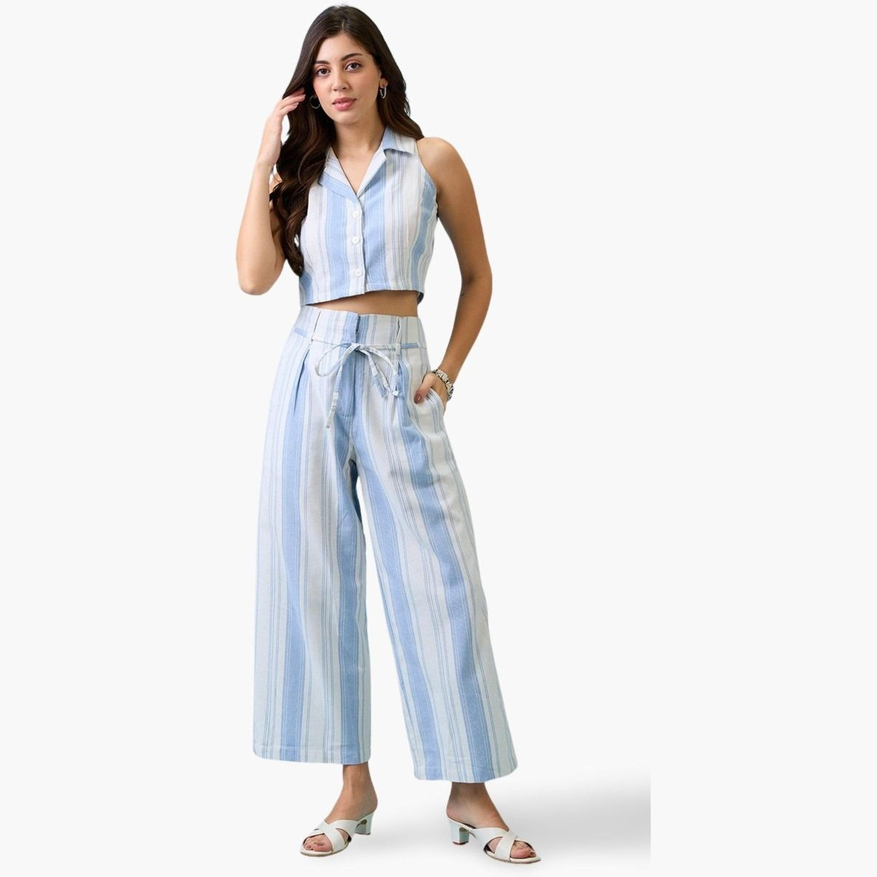 غلوبوص × ستايلي - قميص مخطط قصير وبنطال واسع الساق-women-clothing-coordsets-image-1