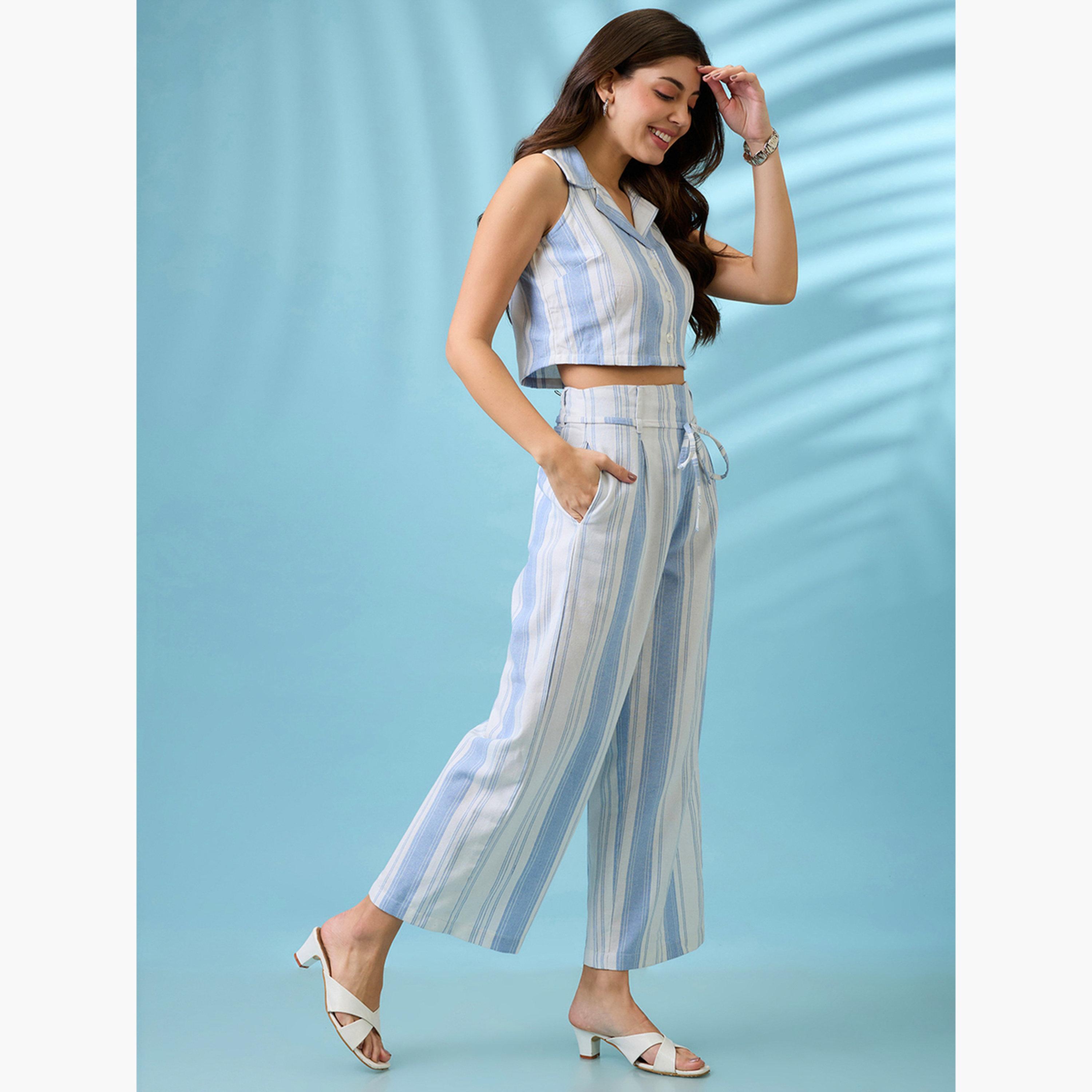 غلوبوص × ستايلي - قميص مخطط قصير وبنطال واسع الساق-women-clothing-coordsets-image-2