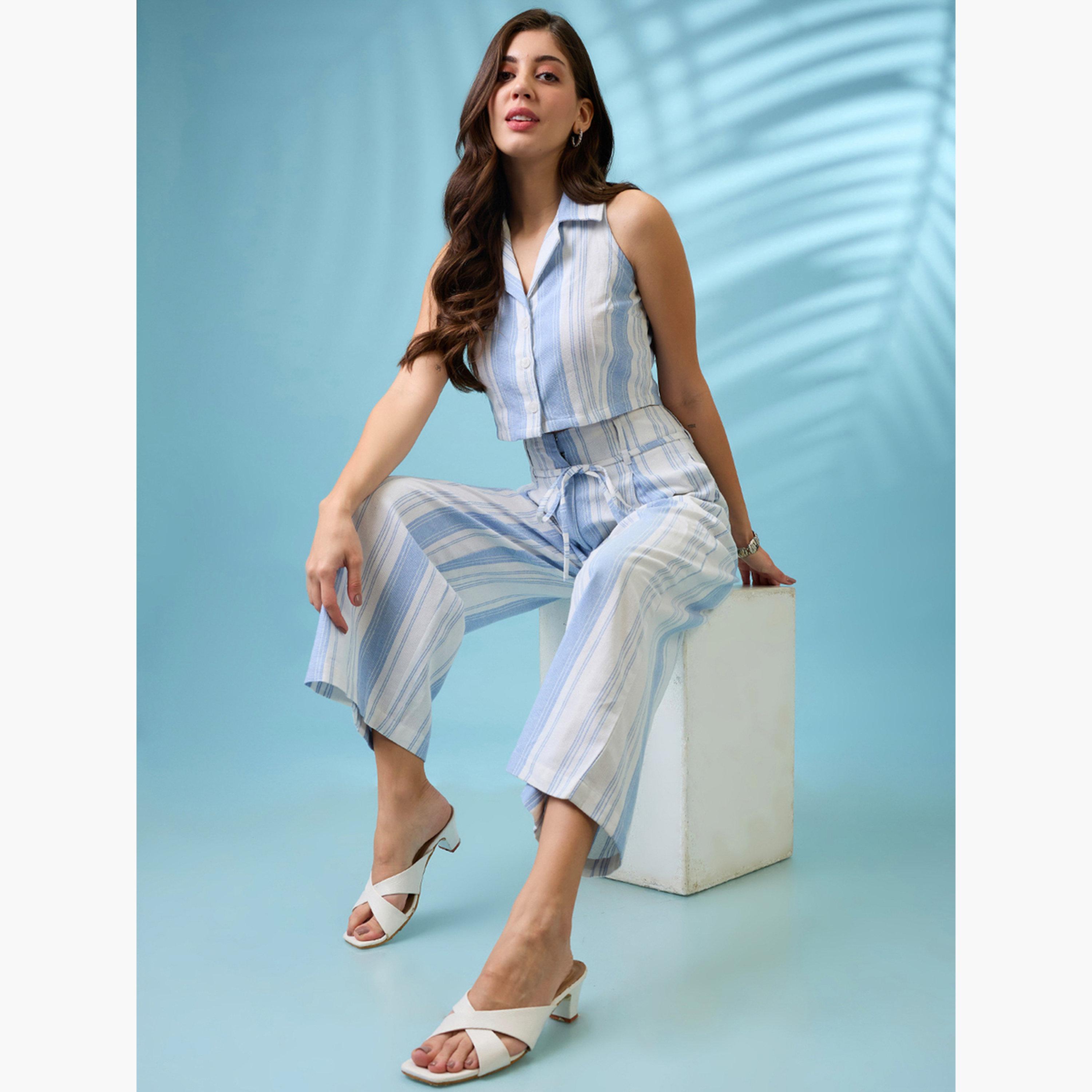غلوبوص × ستايلي - قميص مخطط قصير وبنطال واسع الساق-women-clothing-coordsets-image-4