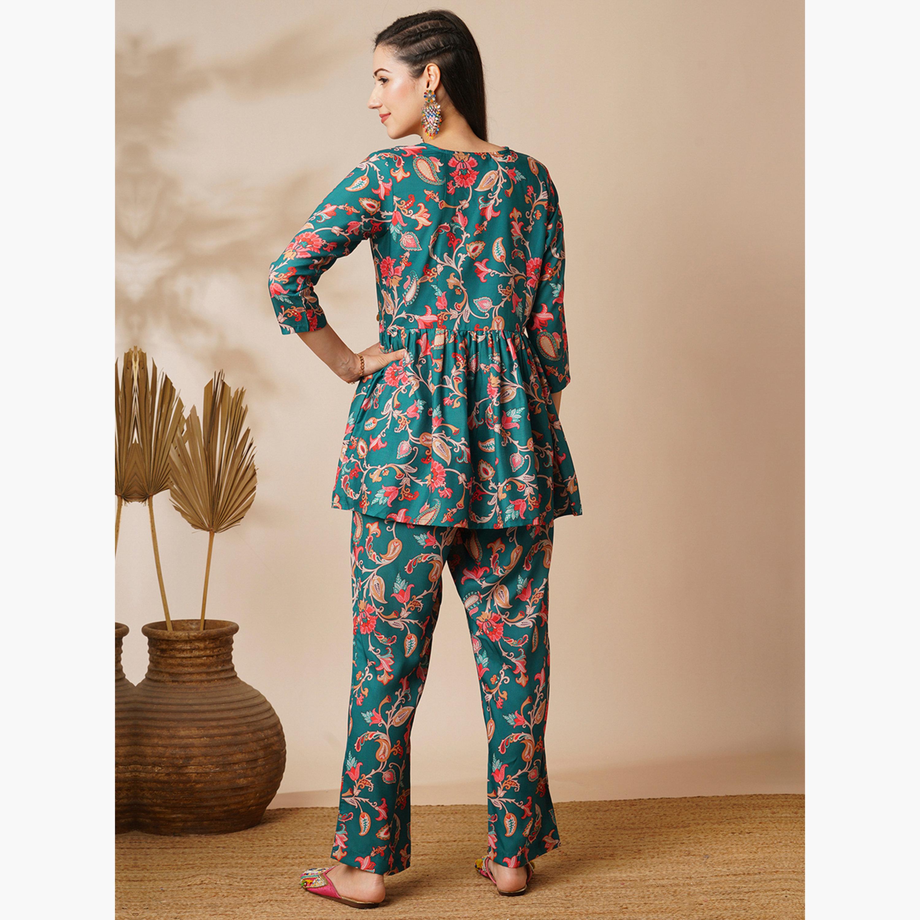 Globus X Styli Floral Embroidered Jaal Print Peplum Tunic and Pants Fusion Co-Ords-women-clothing-coordsets-image-3
