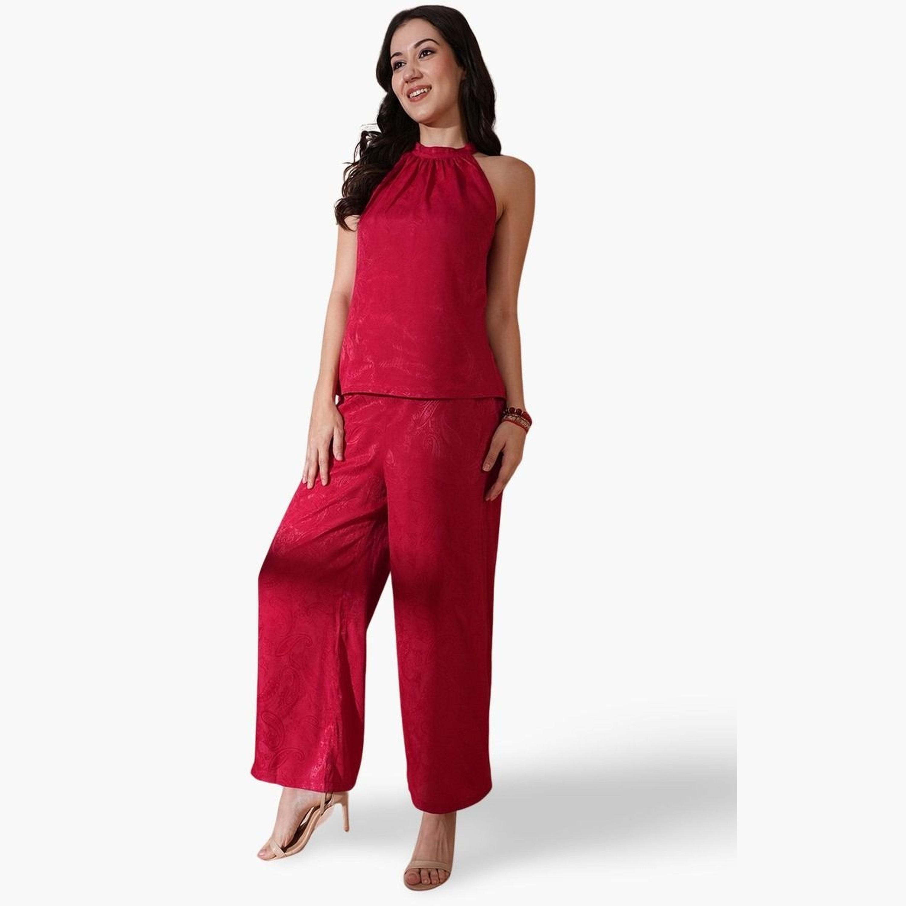 غلوبوص × ستايلي - طقم بلوزة وبنطال بطبعة بيزلي مع رقبة تعليق-women-clothing-coordsets-image-1