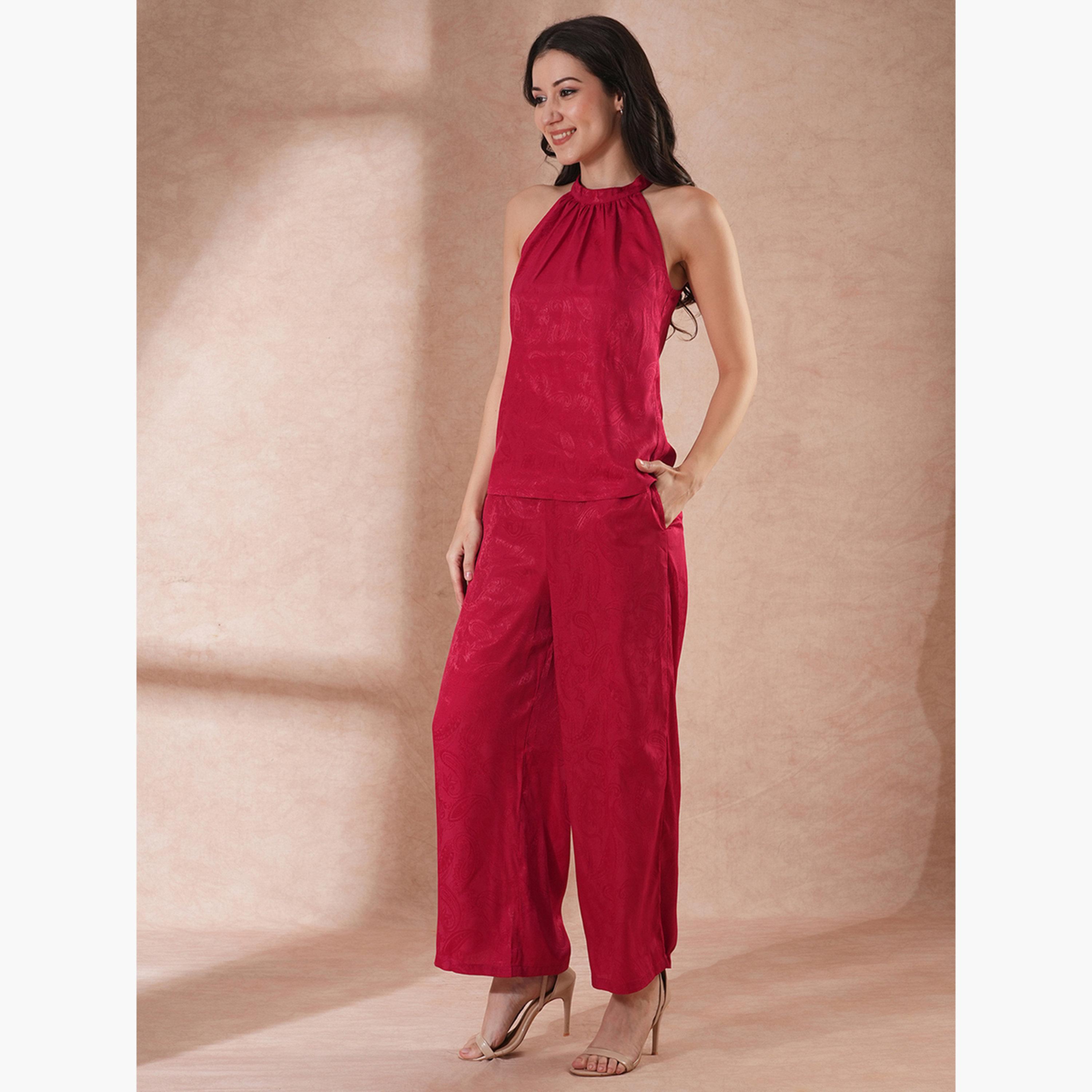 غلوبوص × ستايلي - طقم بلوزة وبنطال بطبعة بيزلي مع رقبة تعليق-women-clothing-coordsets-image-2