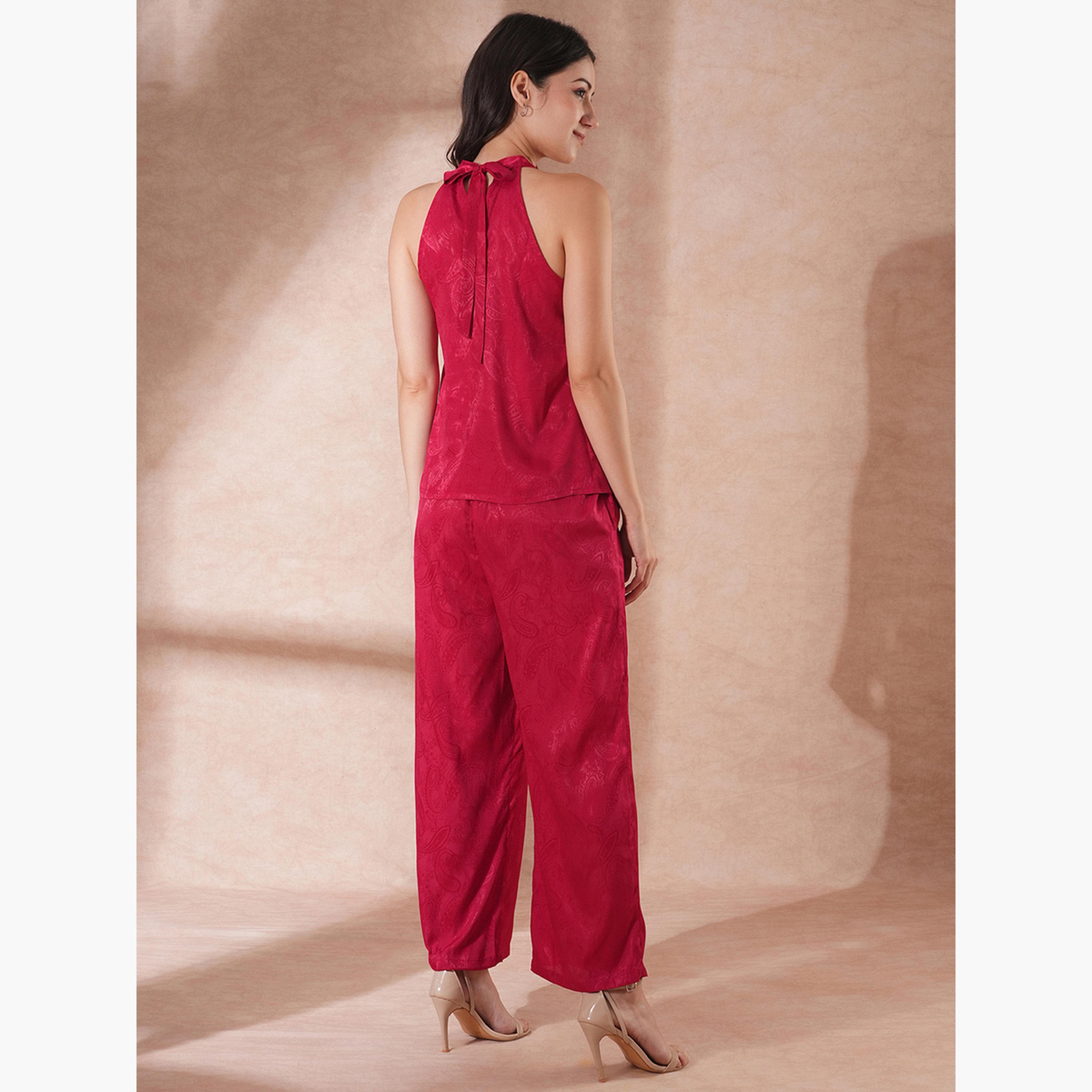 غلوبوص × ستايلي - طقم بلوزة وبنطال بطبعة بيزلي مع رقبة تعليق-women-clothing-coordsets-image-3