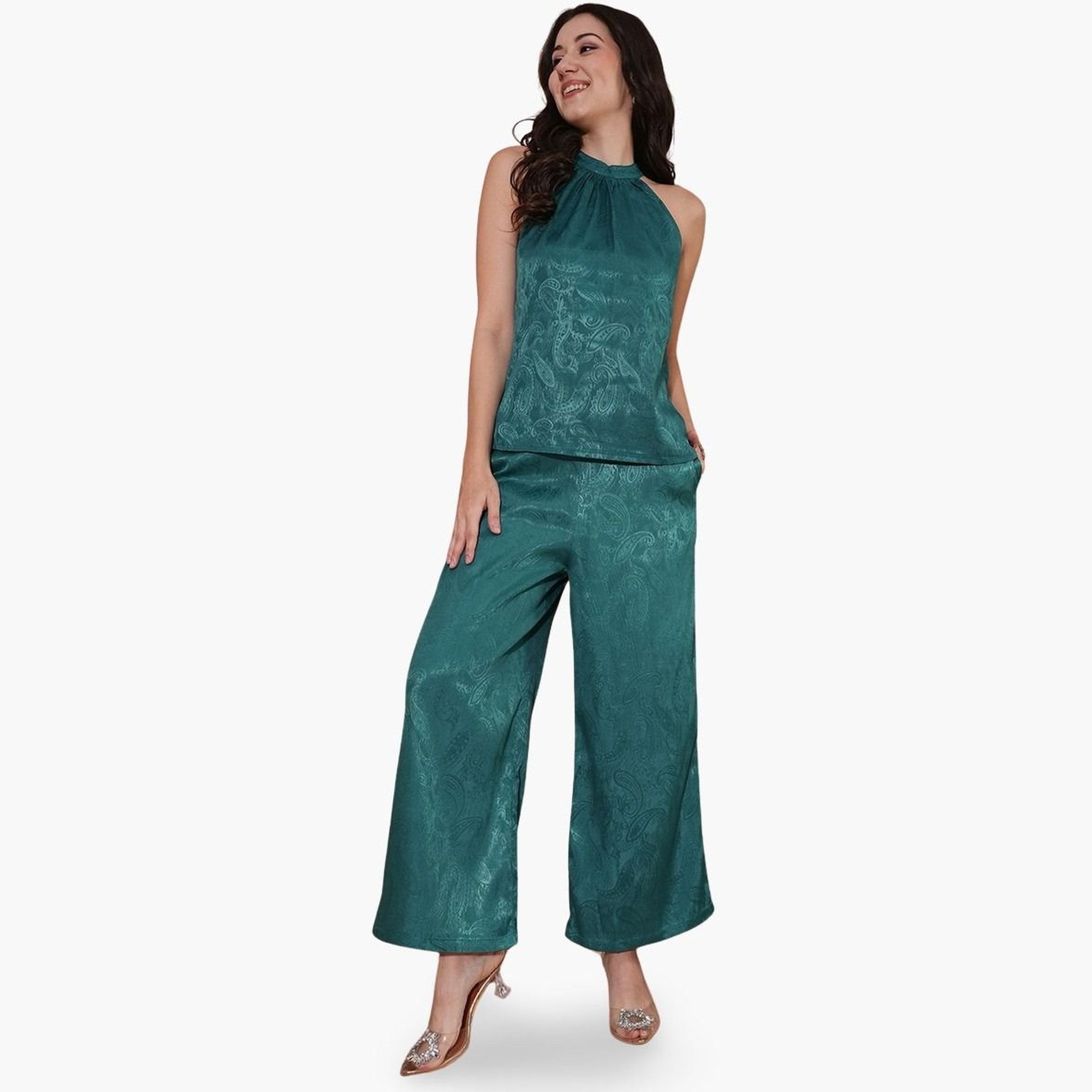 غلوبوص × ستايلي - طقم بلوزة وبنطال بطبعة بيزلي مع رقبة تعليق-women-clothing-coordsets-image-1