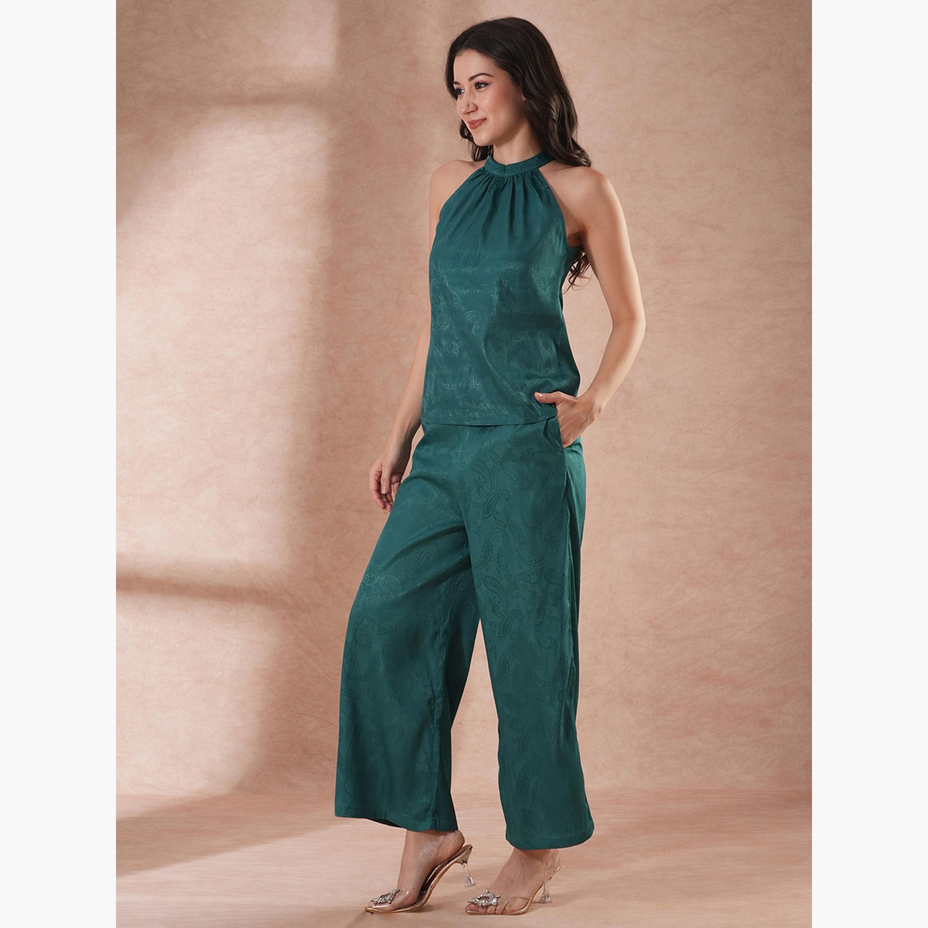 غلوبوص × ستايلي - طقم بلوزة وبنطال بطبعة بيزلي مع رقبة تعليق-women-clothing-coordsets-image-2