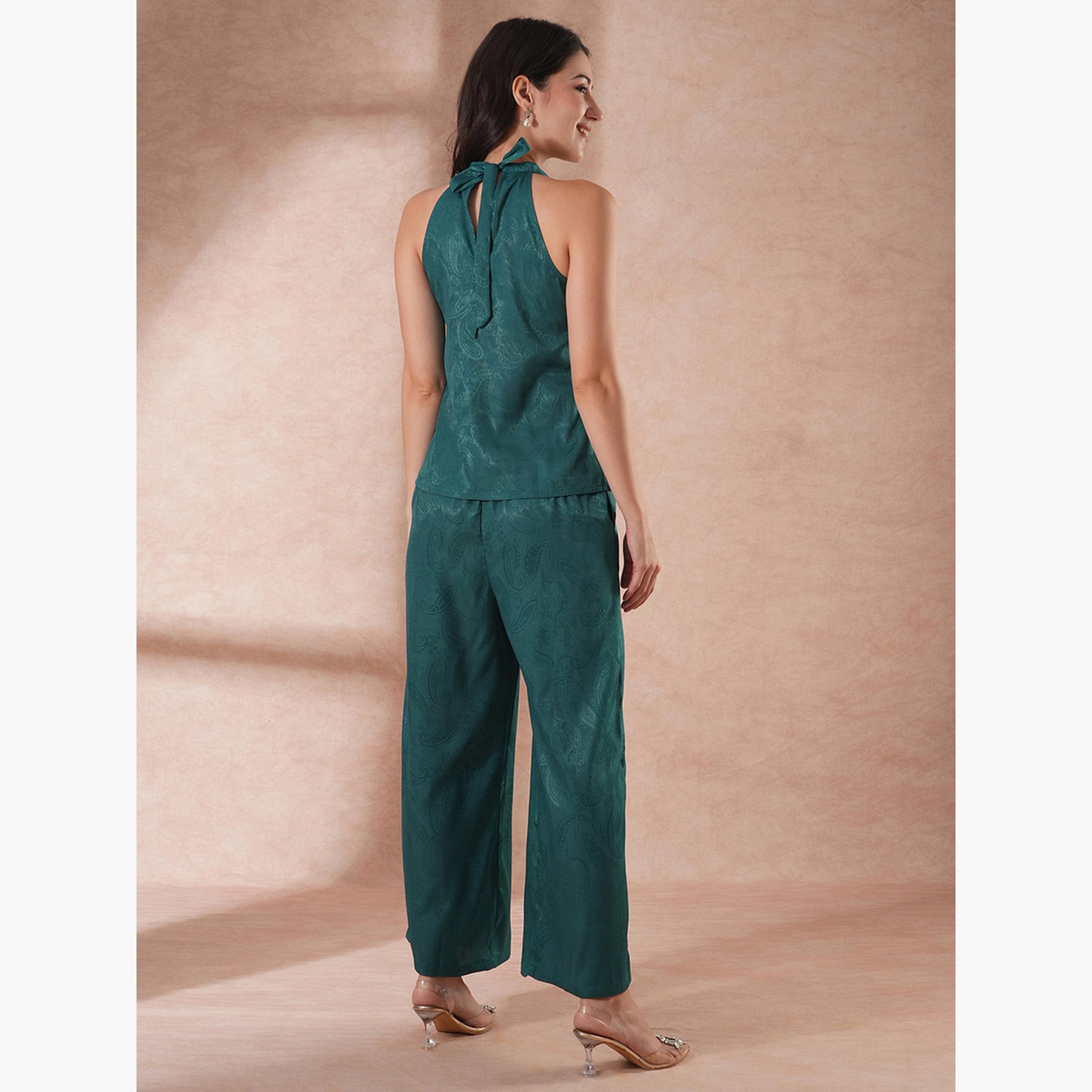 غلوبوص × ستايلي - طقم بلوزة وبنطال بطبعة بيزلي مع رقبة تعليق-women-clothing-coordsets-image-3