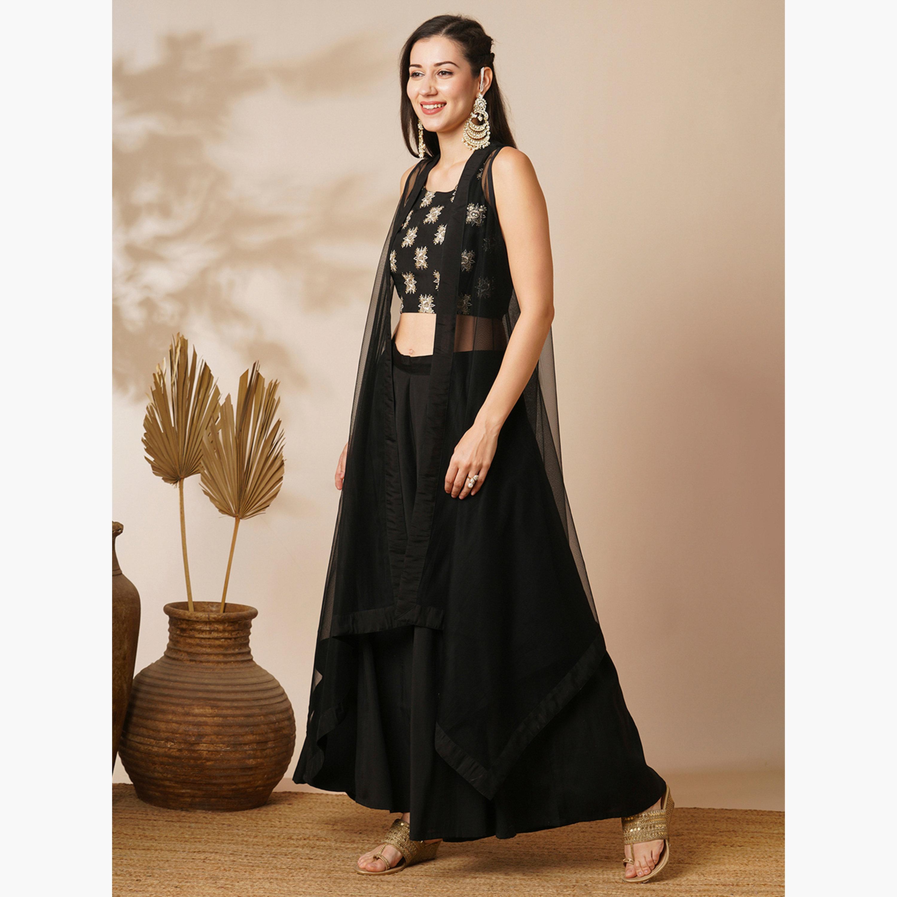 Globus X Styli Ethnic Motifs Sleeveless Crop Top and Flared Palazzo with Shrug Fusion Co-Ord Set-women-clothing-coordsets-image-2