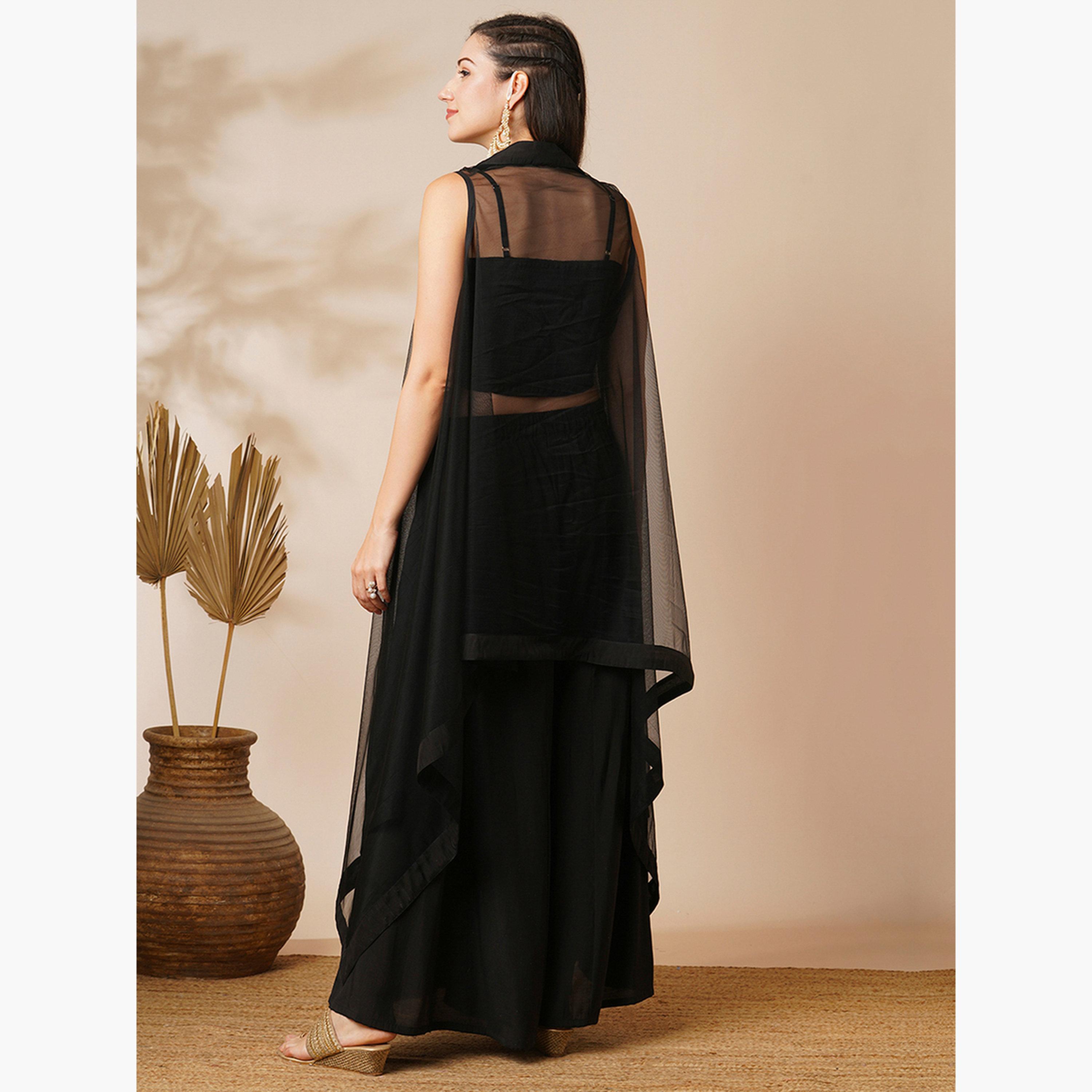 Globus X Styli Ethnic Motifs Sleeveless Crop Top and Flared Palazzo with Shrug Fusion Co-Ord Set-women-clothing-coordsets-image-3